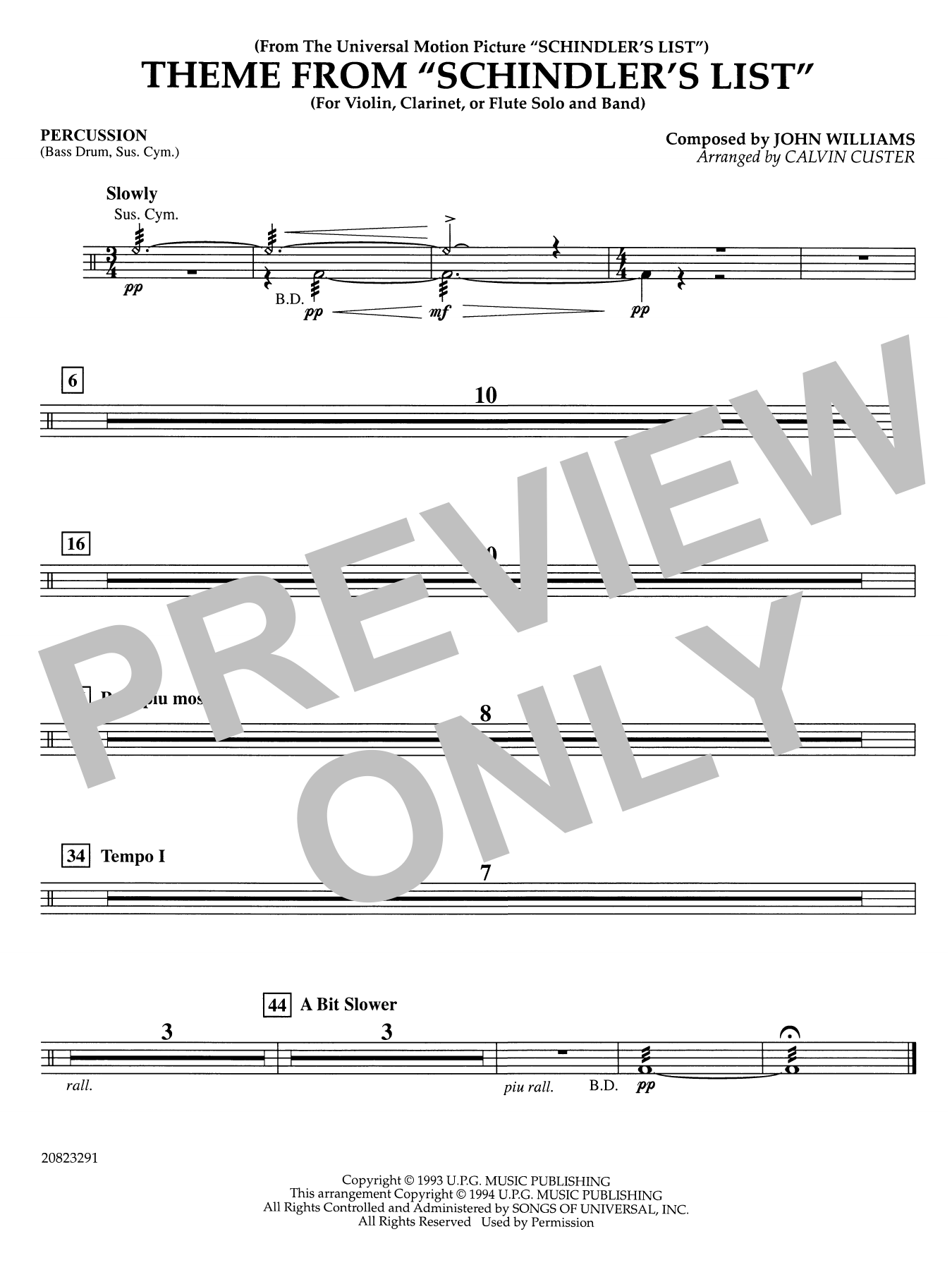 Theme from Schindler's List (arr. Calvin Custer) - Percussion