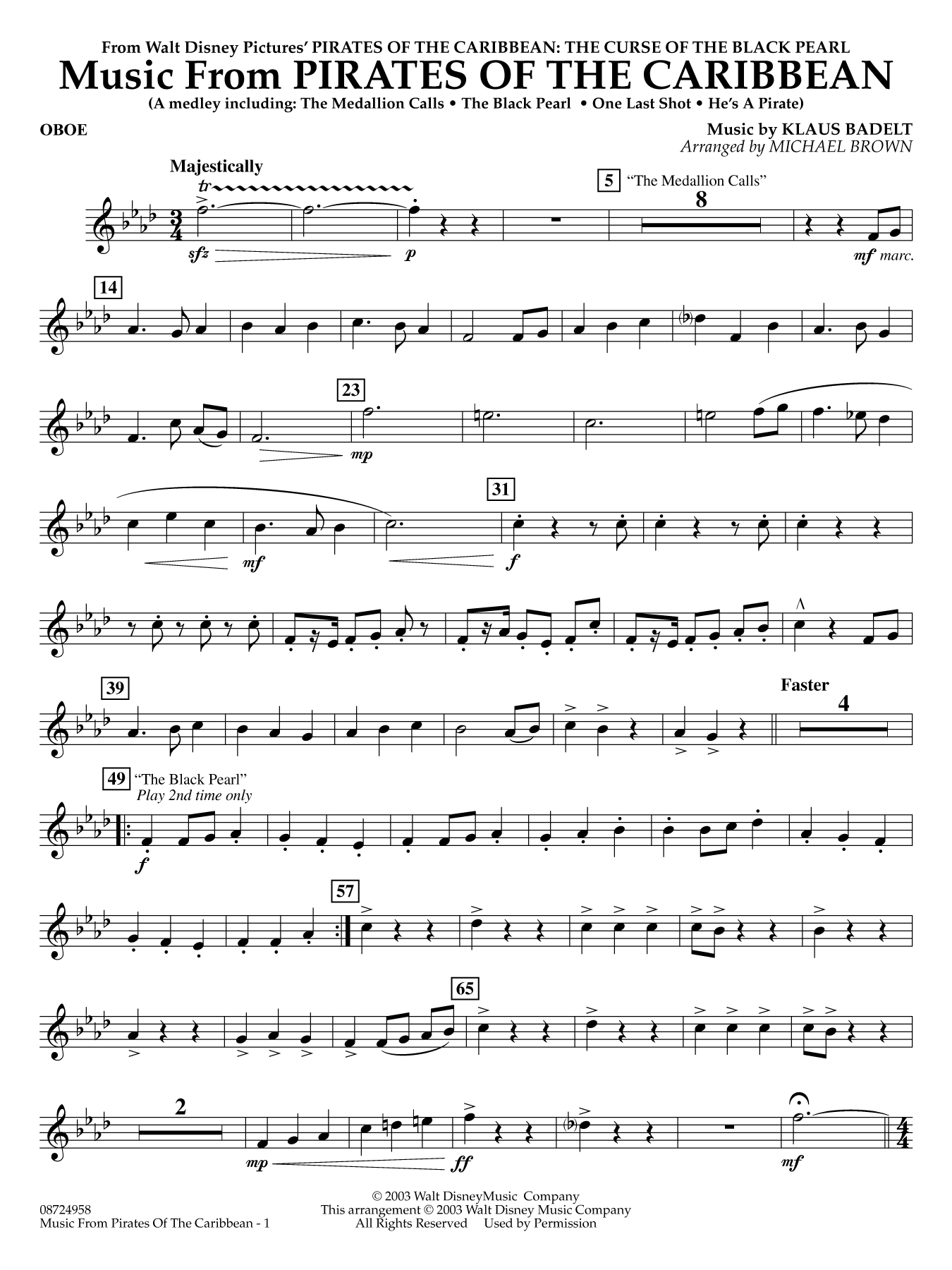 Music from Pirates of the Caribbean (arr. Michael Brown) - Oboe