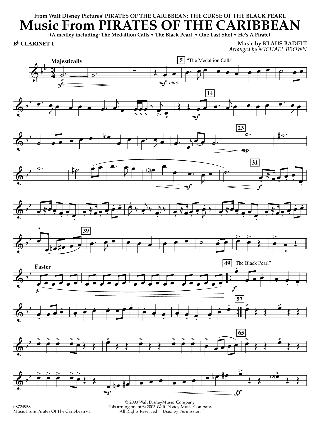 Music from Pirates of the Caribbean (arr. Michael Brown) - Bb Clarinet 1
