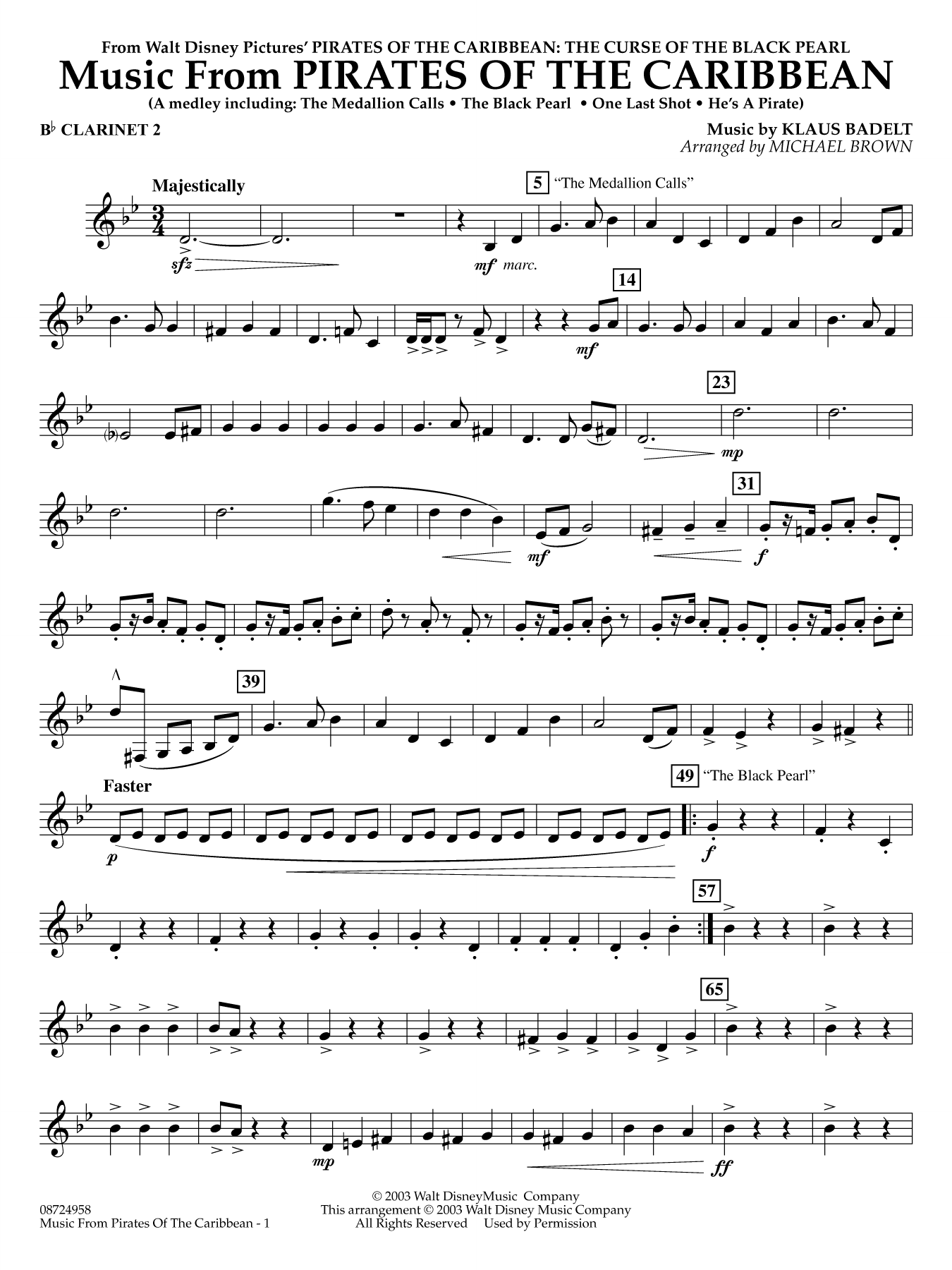 Music from Pirates of the Caribbean (arr. Michael Brown) - Bb Clarinet 2