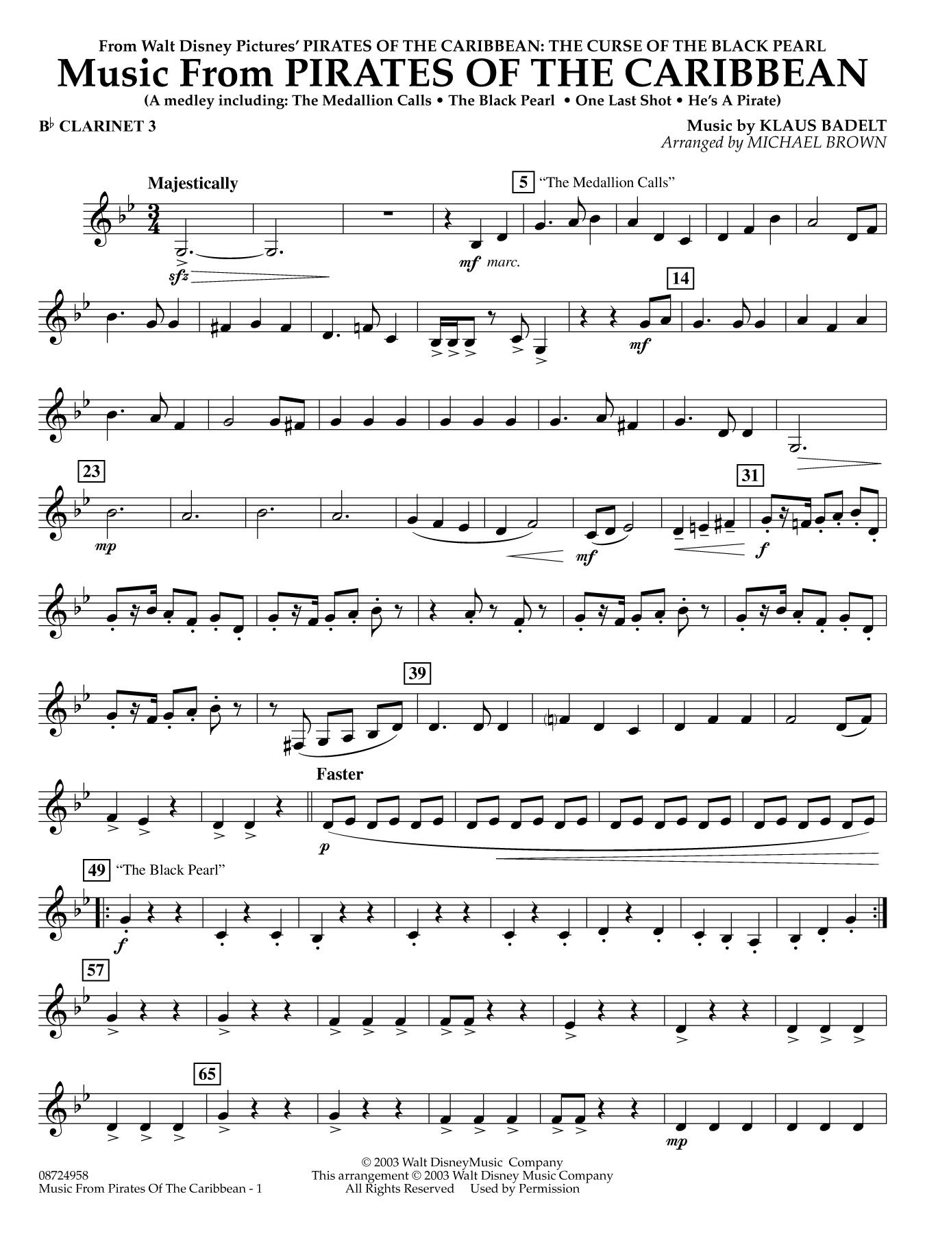 Music from Pirates of the Caribbean (arr. Michael Brown) - Bb Clarinet 3