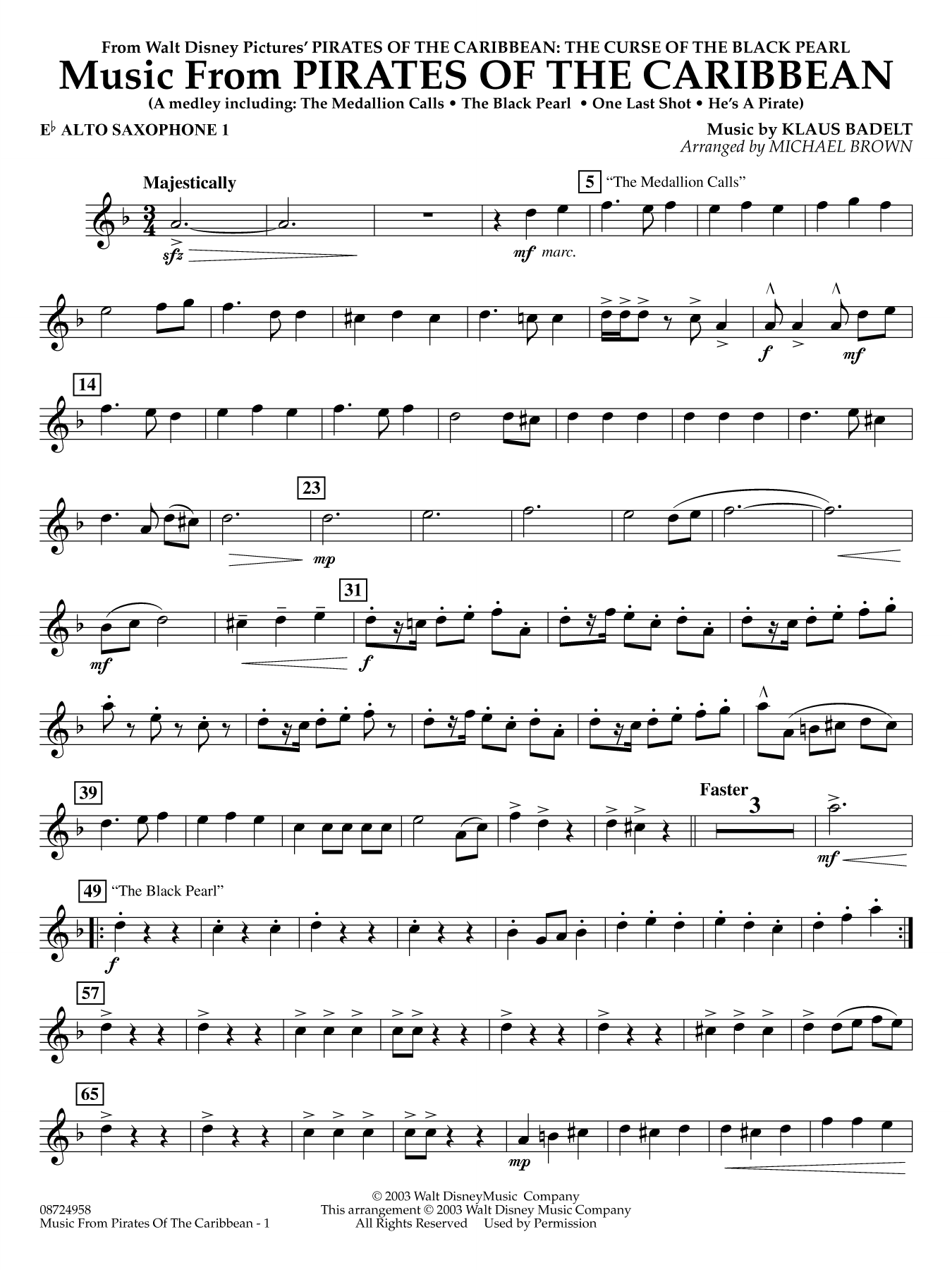 Music from Pirates of the Caribbean (arr. Michael Brown) - Eb Alto Saxophone 1