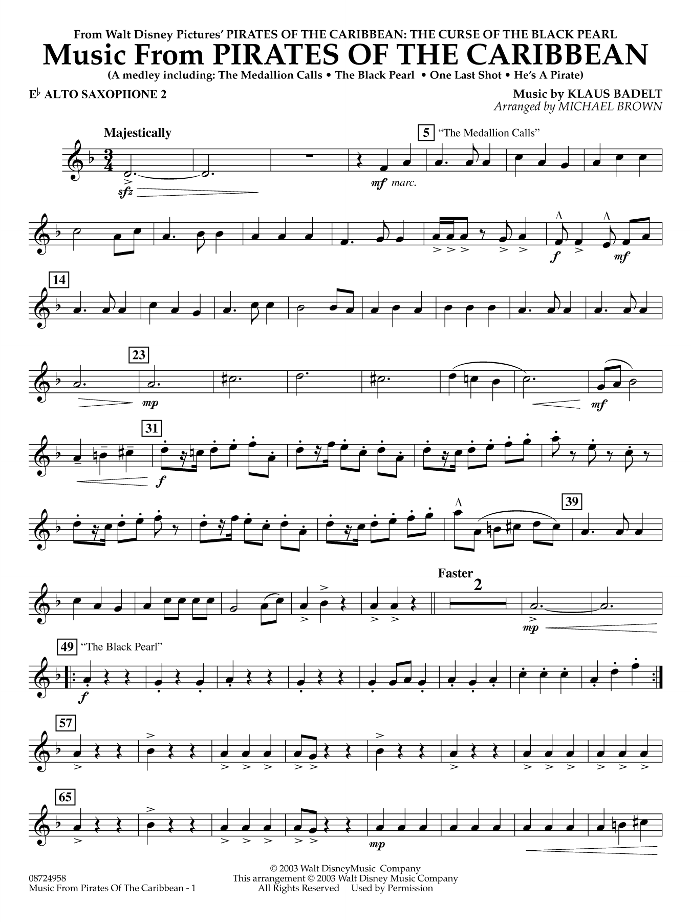 Music from Pirates of the Caribbean (arr. Michael Brown) - Eb Alto Saxophone 2