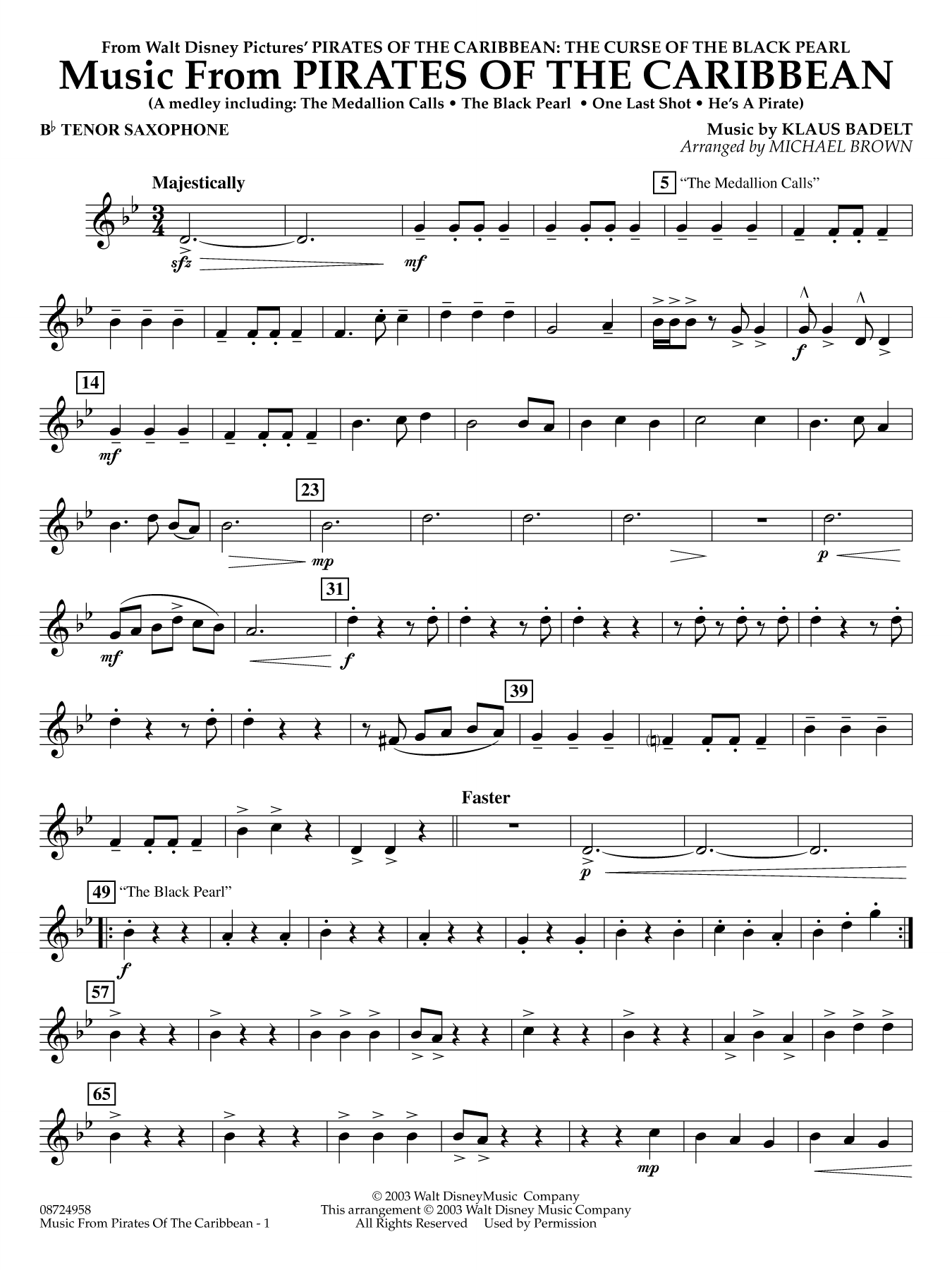 Music from Pirates of the Caribbean (arr. Michael Brown) - Bb Tenor Saxophone