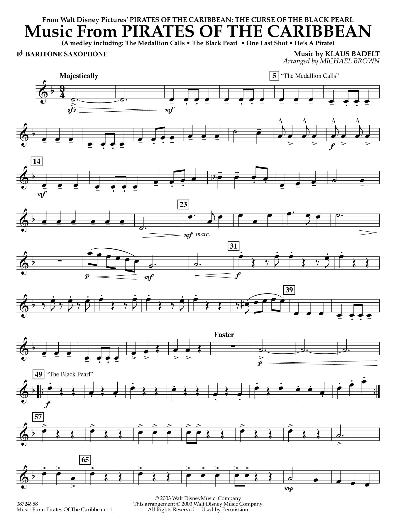 Music from Pirates of the Caribbean (arr. Michael Brown) - Eb Baritone Saxophone