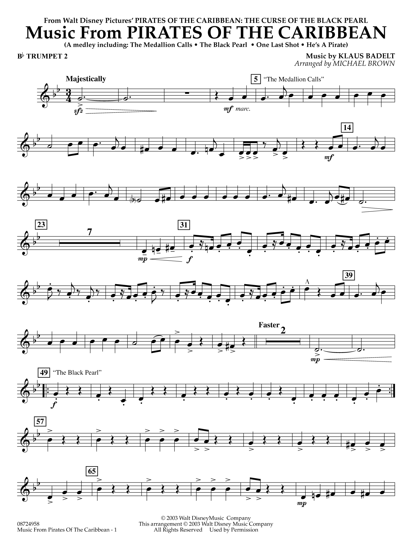 Music from Pirates of the Caribbean (arr. Michael Brown) - Bb Trumpet 2