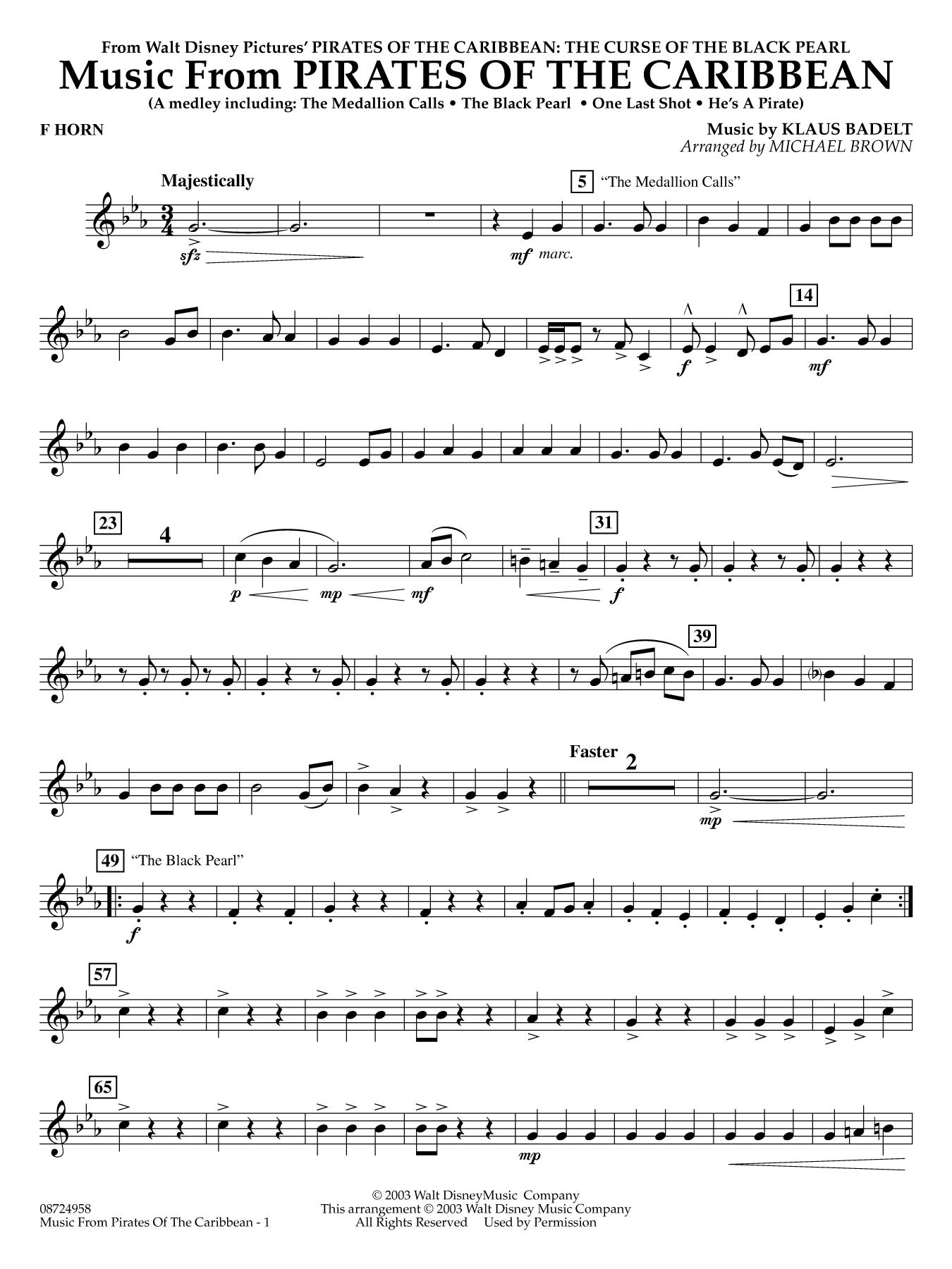 Music from Pirates of the Caribbean (arr. Michael Brown) - F Horn