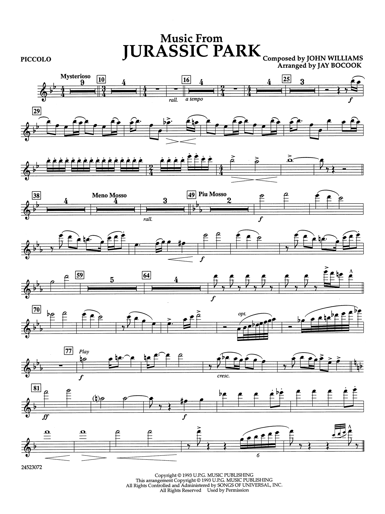 Music from Jurassic Park (arr. Jay Bocook) - Piccolo