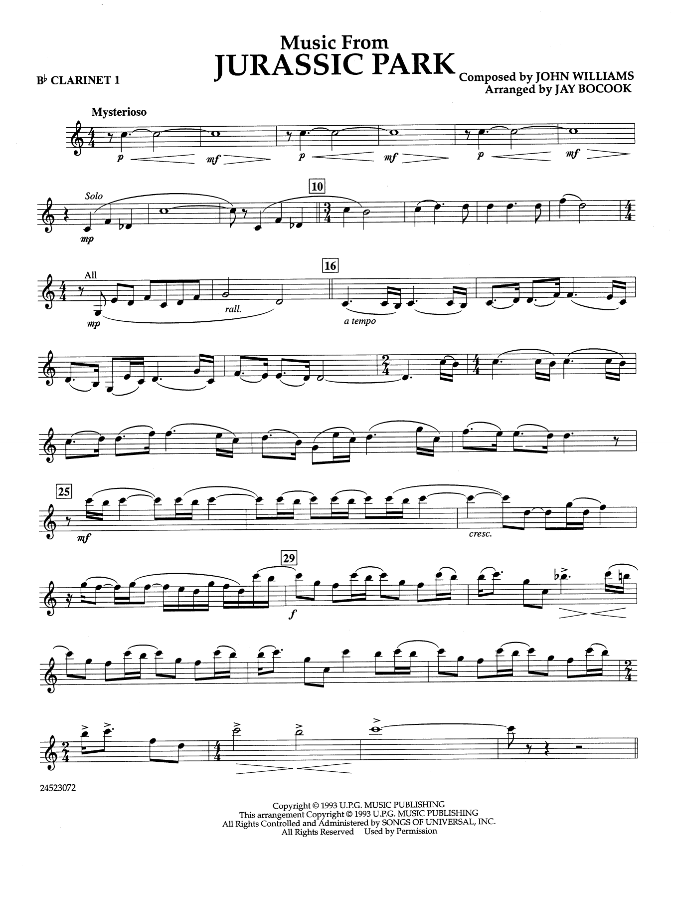 Music from Jurassic Park (arr. Jay Bocook) - Bb Clarinet 1