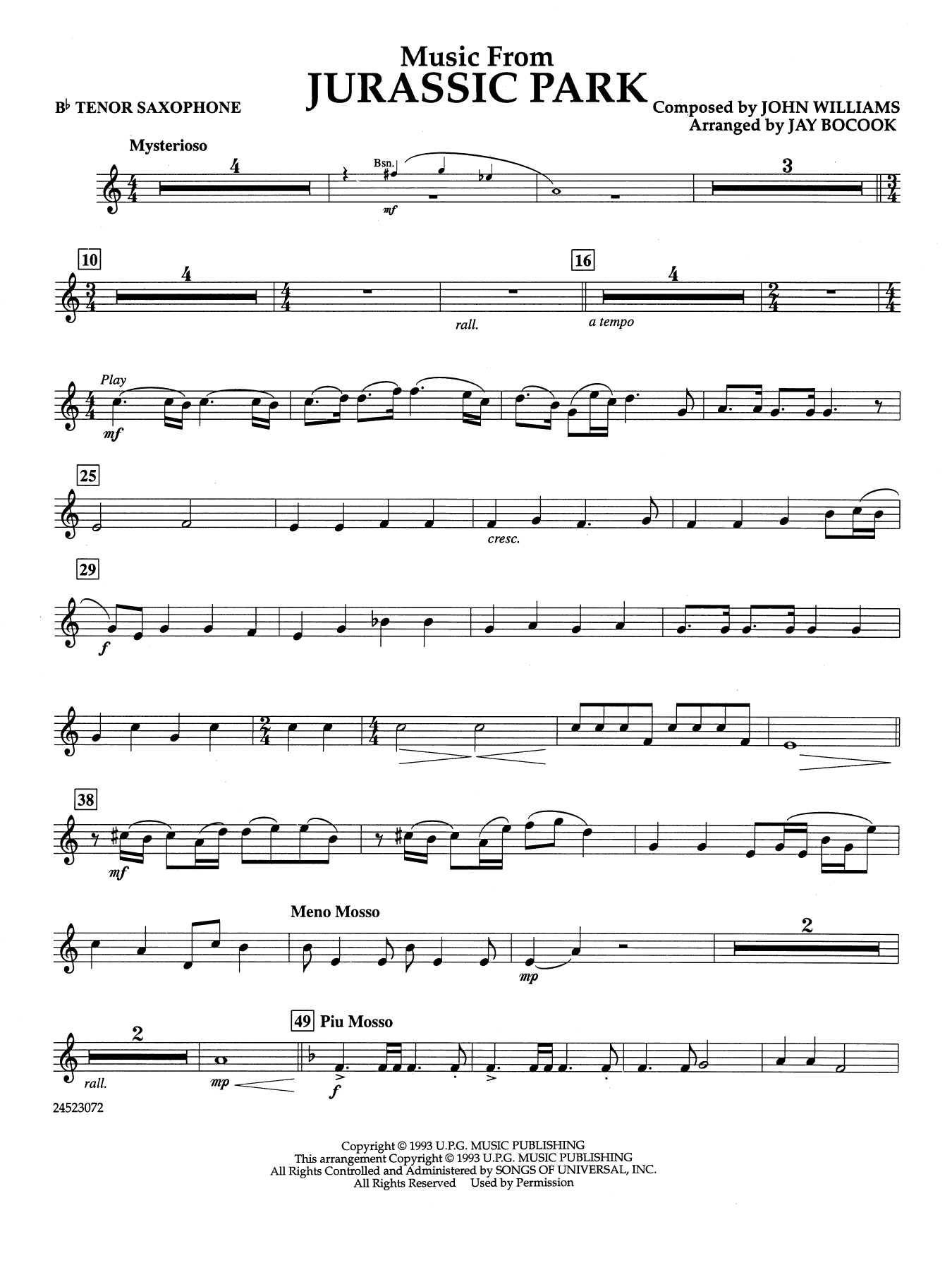 Music from Jurassic Park (arr. Jay Bocook) - Bb Tenor Saxophone