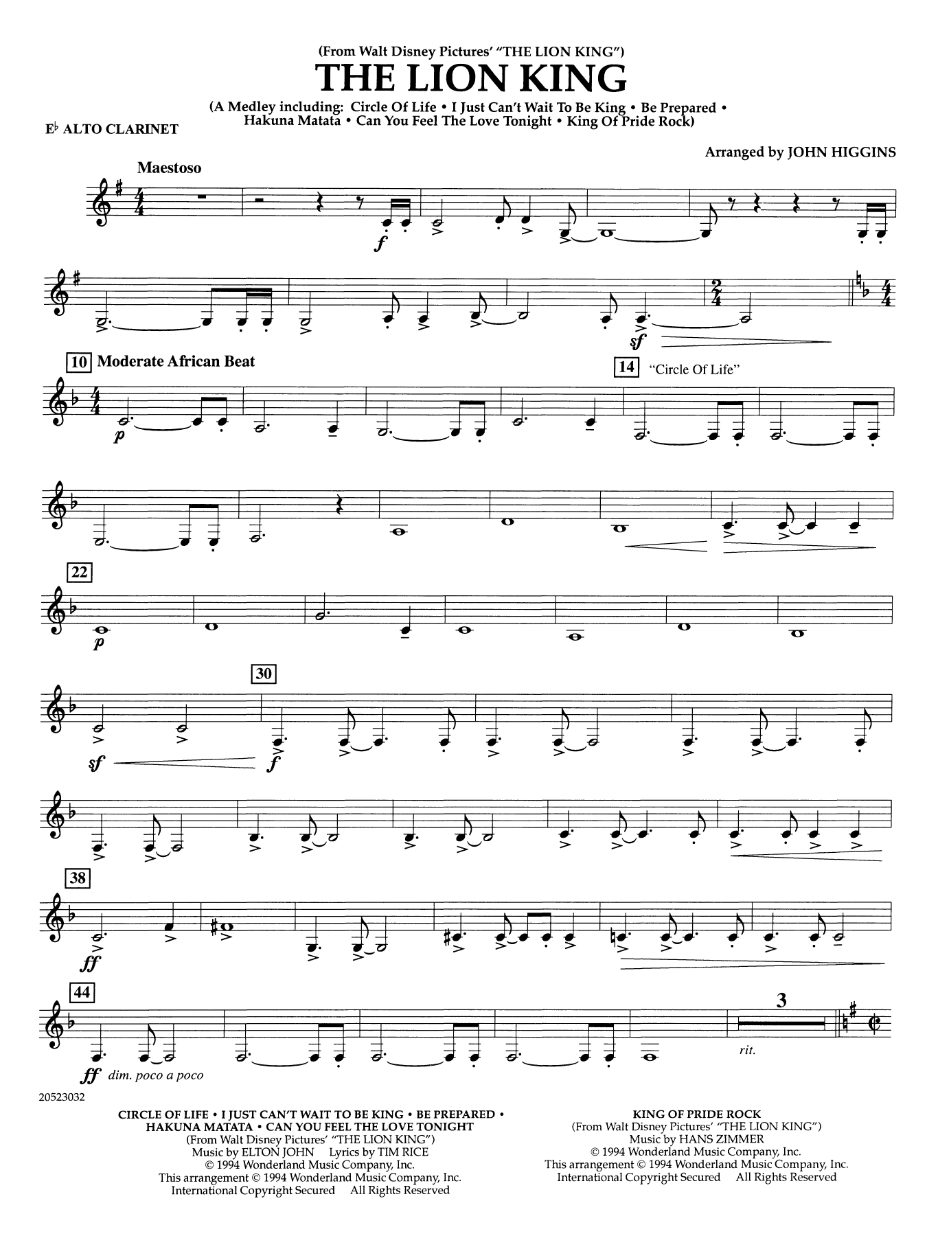The Lion King (arr. John Higgins) - Eb Alto Clarinet