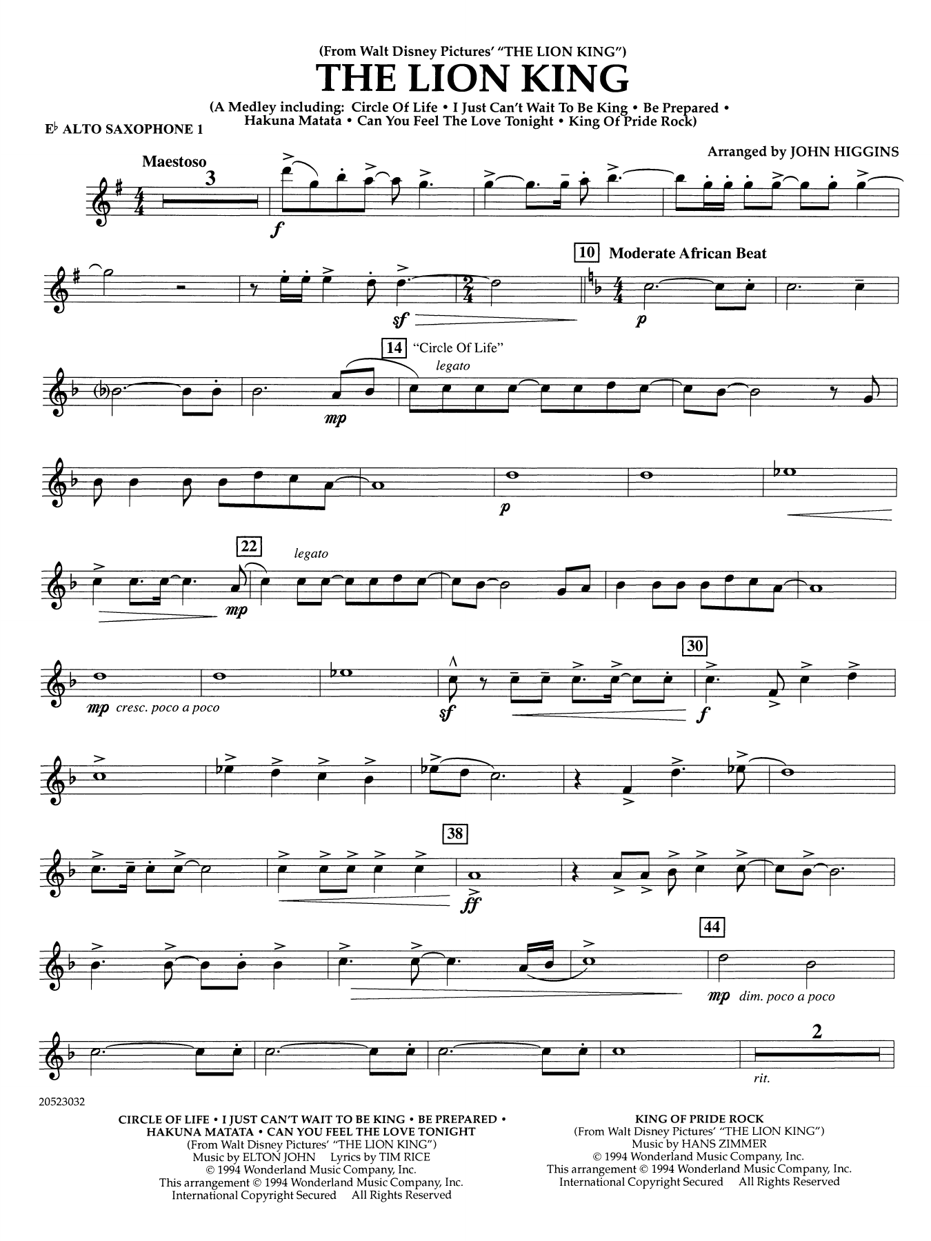 The Lion King (arr. John Higgins) - Eb Alto Saxophone 1