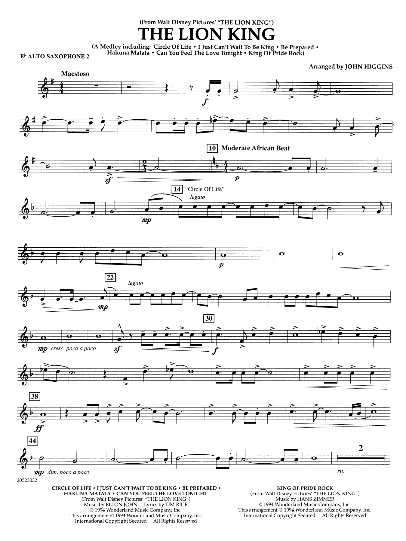 The Lion King (arr. John Higgins) - Eb Alto Saxophone 2