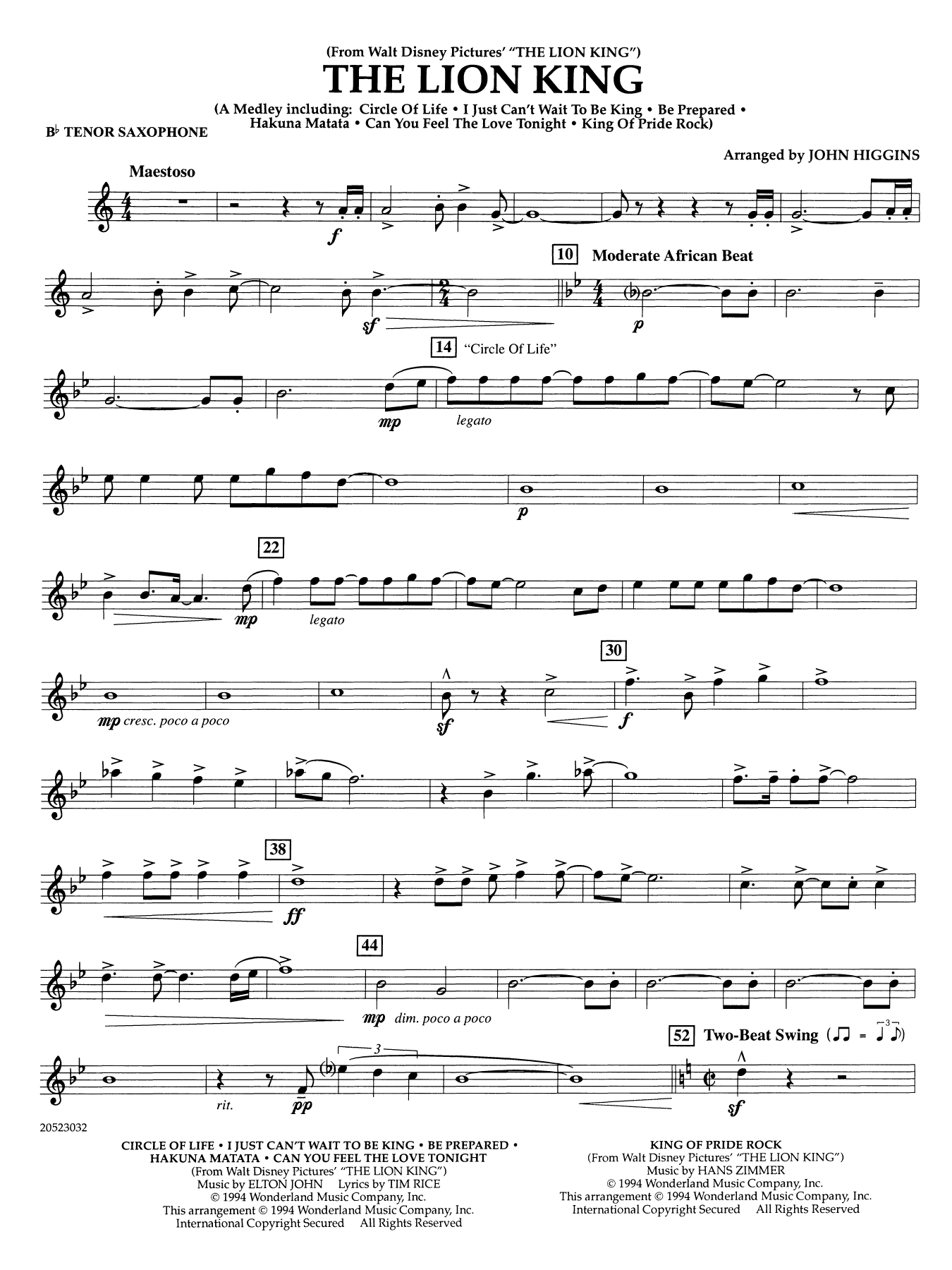 The Lion King (arr. John Higgins) - Bb Tenor Saxophone