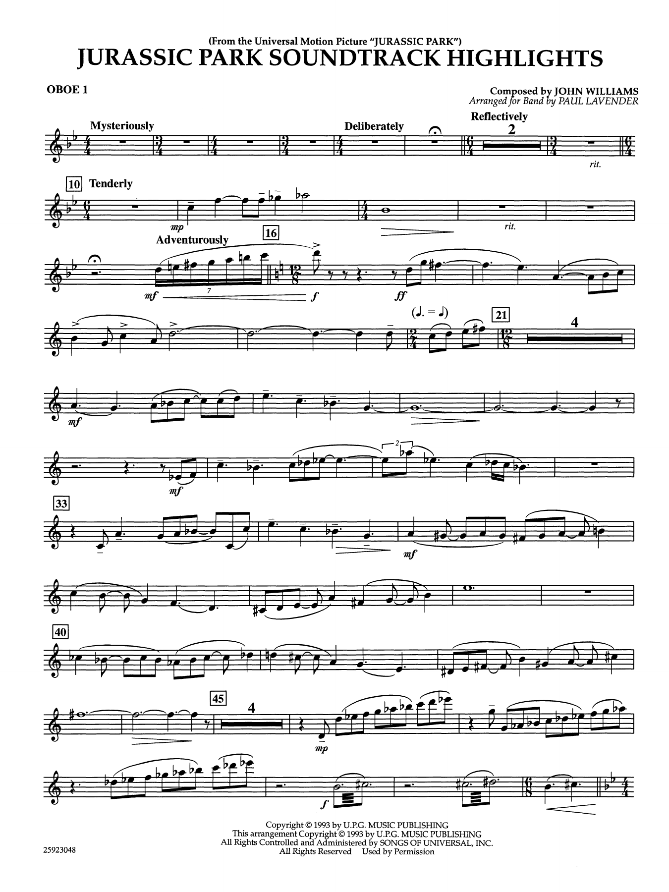 Jurassic Park Soundtrack Highlights (arr. Paul Lavender) - Oboe 1