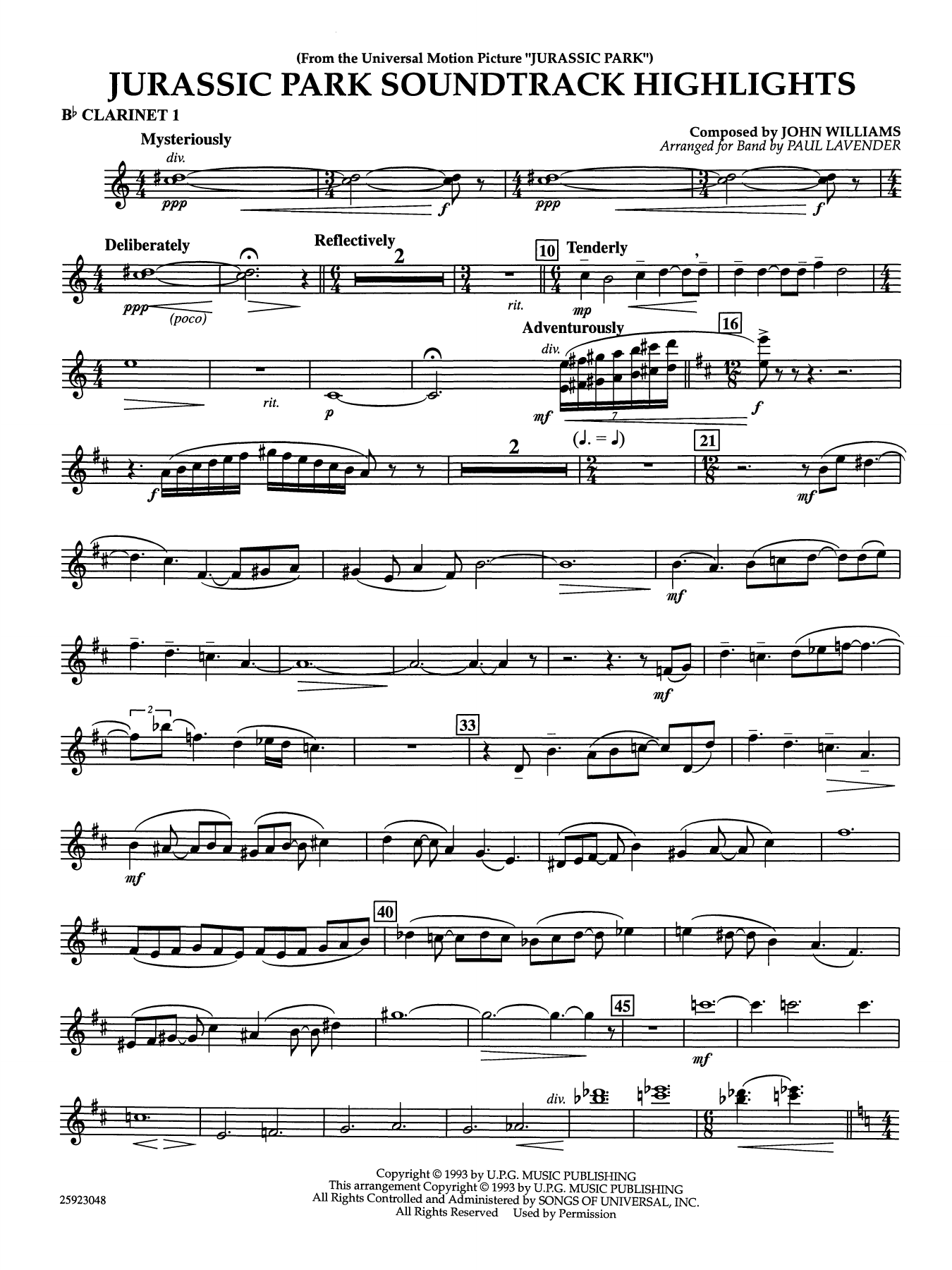 Jurassic Park Soundtrack Highlights (arr. Paul Lavender) - Bb Clarinet 1
