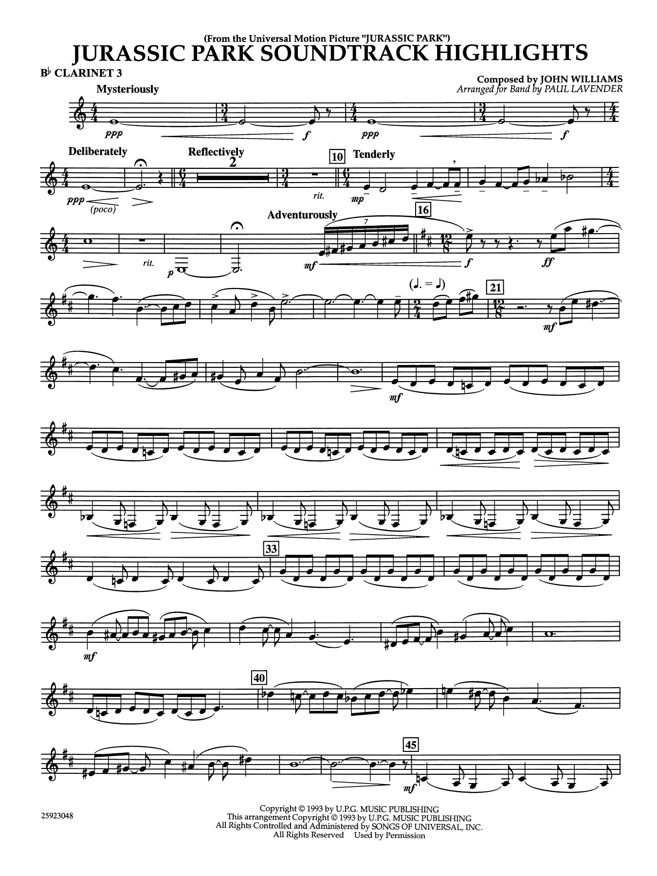 Jurassic Park Soundtrack Highlights (arr. Paul Lavender) - Bb Clarinet 3