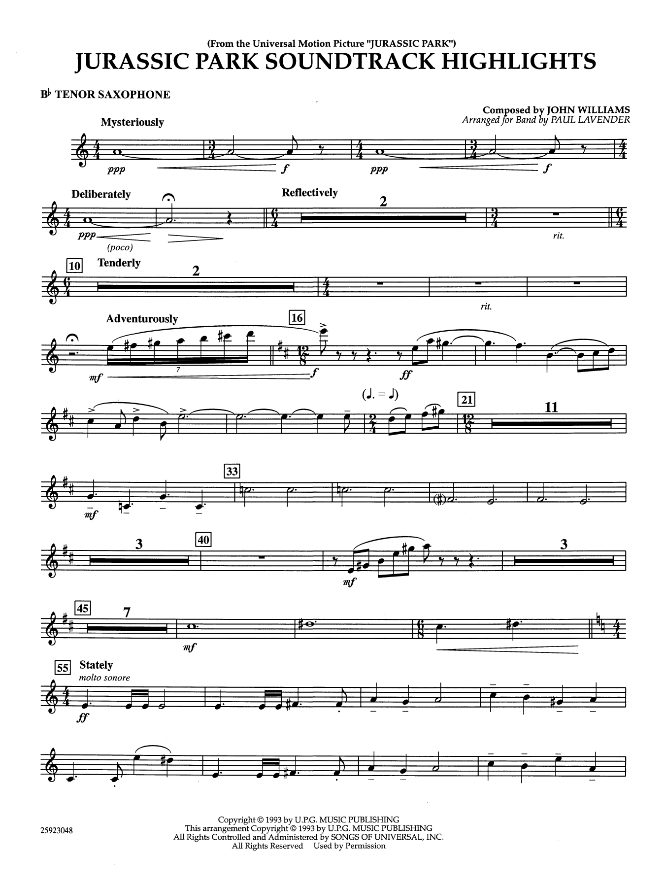 Jurassic Park Soundtrack Highlights (arr. Paul Lavender) - Bb Tenor Saxophone