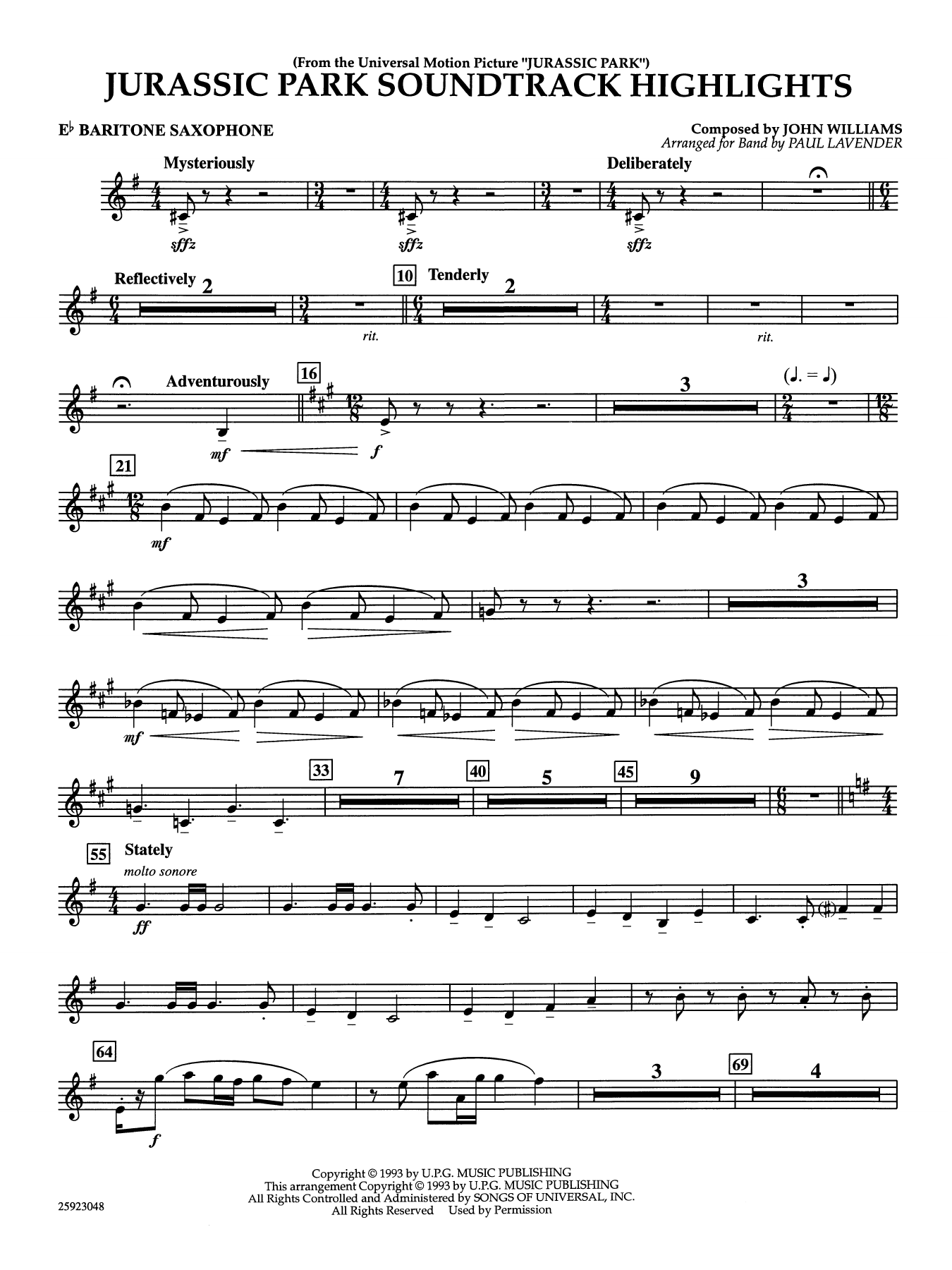 Jurassic Park Soundtrack Highlights (arr. Paul Lavender) - Eb Baritone Saxophone