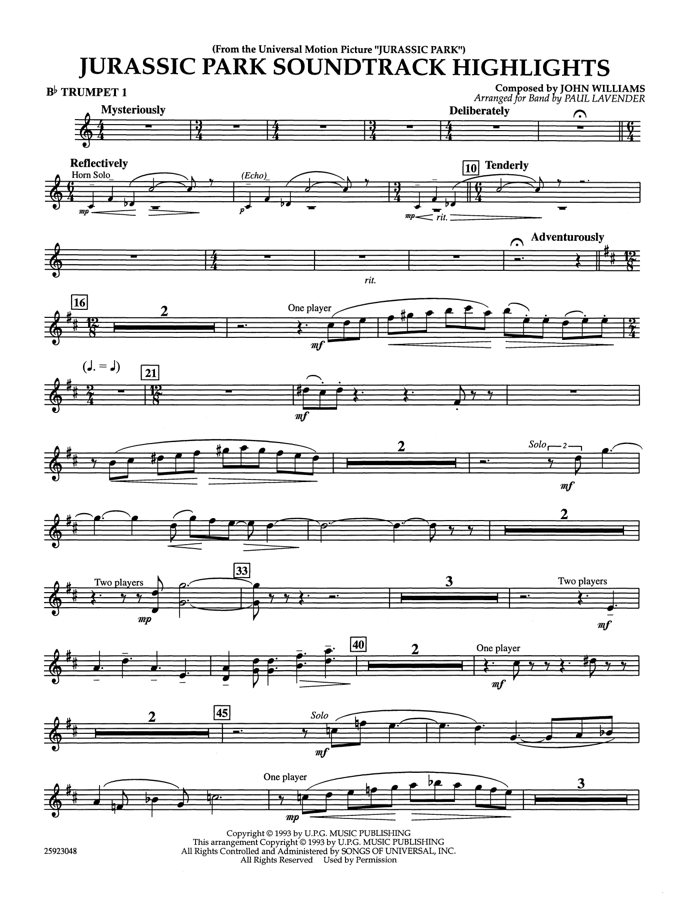 Jurassic Park Soundtrack Highlights (arr. Paul Lavender) - Bb Trumpet 1