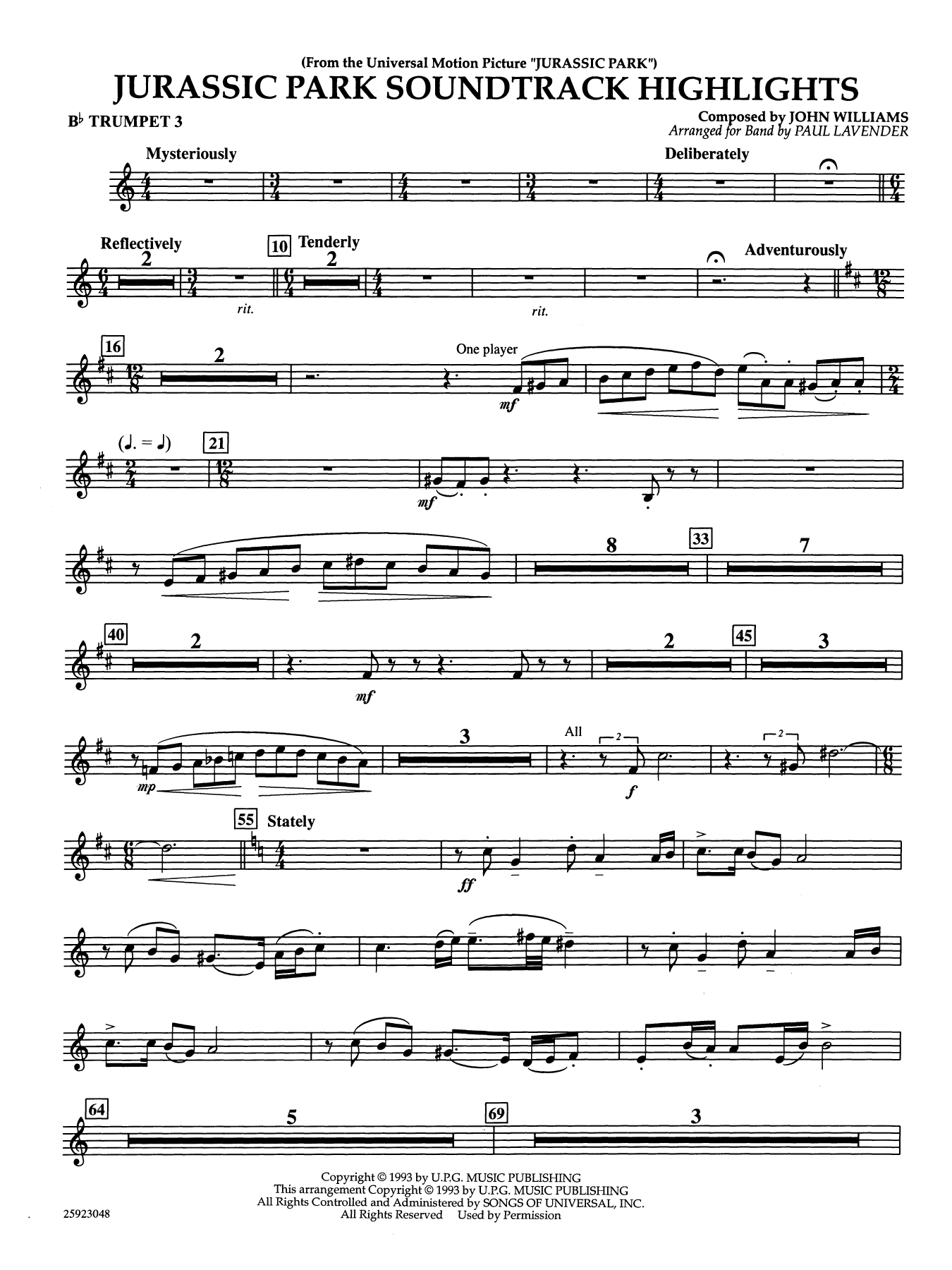 Jurassic Park Soundtrack Highlights (arr. Paul Lavender) - Bb Trumpet 3