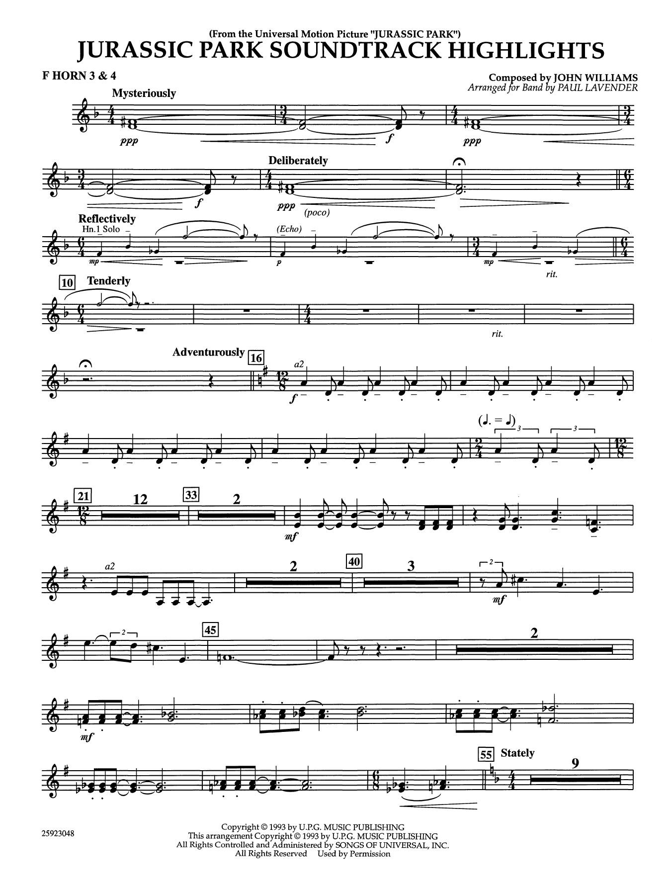 Jurassic Park Soundtrack Highlights (arr. Paul Lavender) - F Horn 3 4