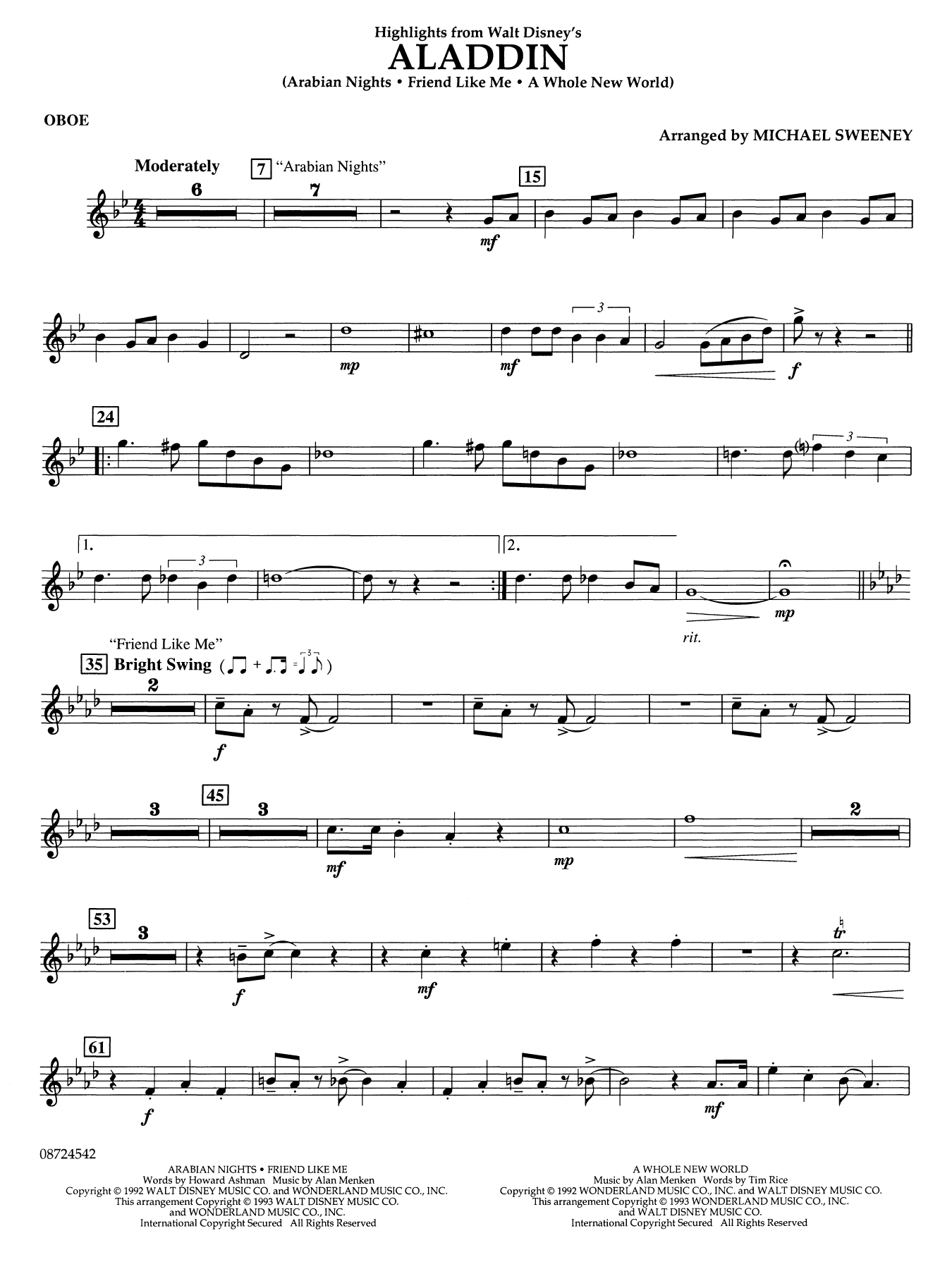 Highlights From Aladdin (arr. Michael Sweeney) - Oboe