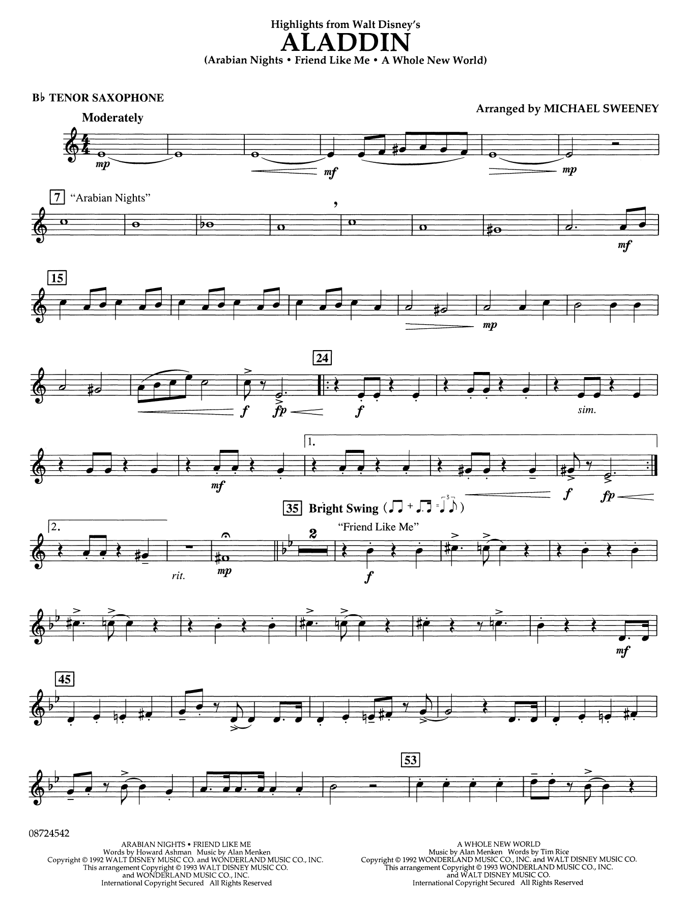 Highlights From Aladdin (arr. Michael Sweeney) - Bb Tenor Sax