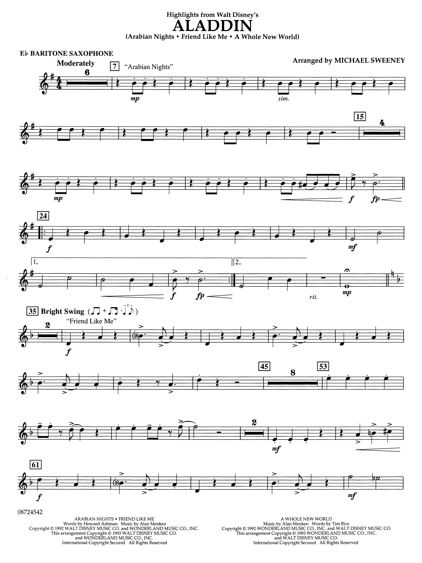 Highlights From Aladdin (arr. Michael Sweeney) - Eb Baritone Sax