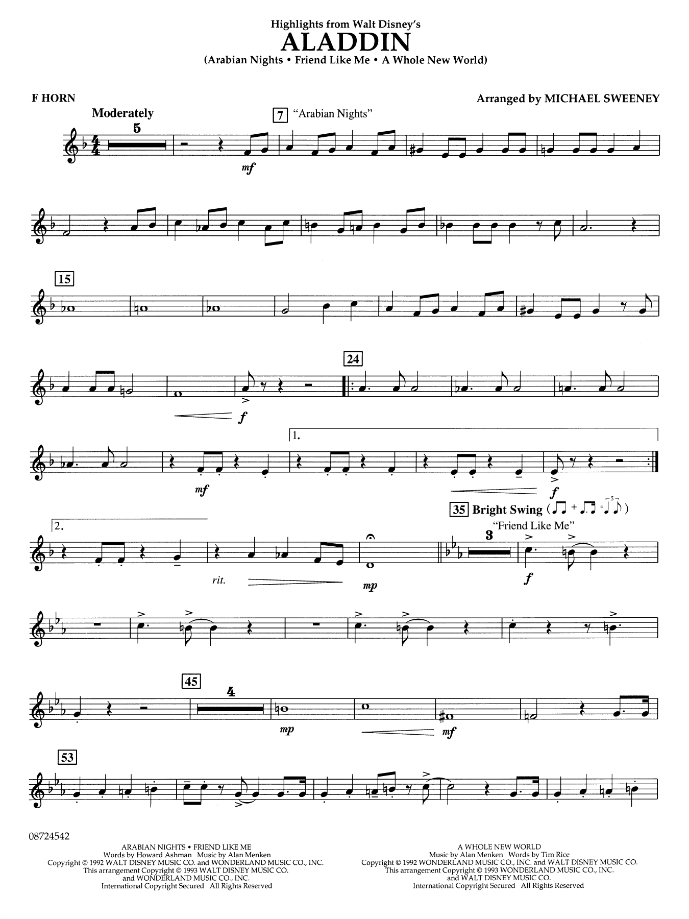 Highlights From Aladdin (arr. Michael Sweeney) - F Horn