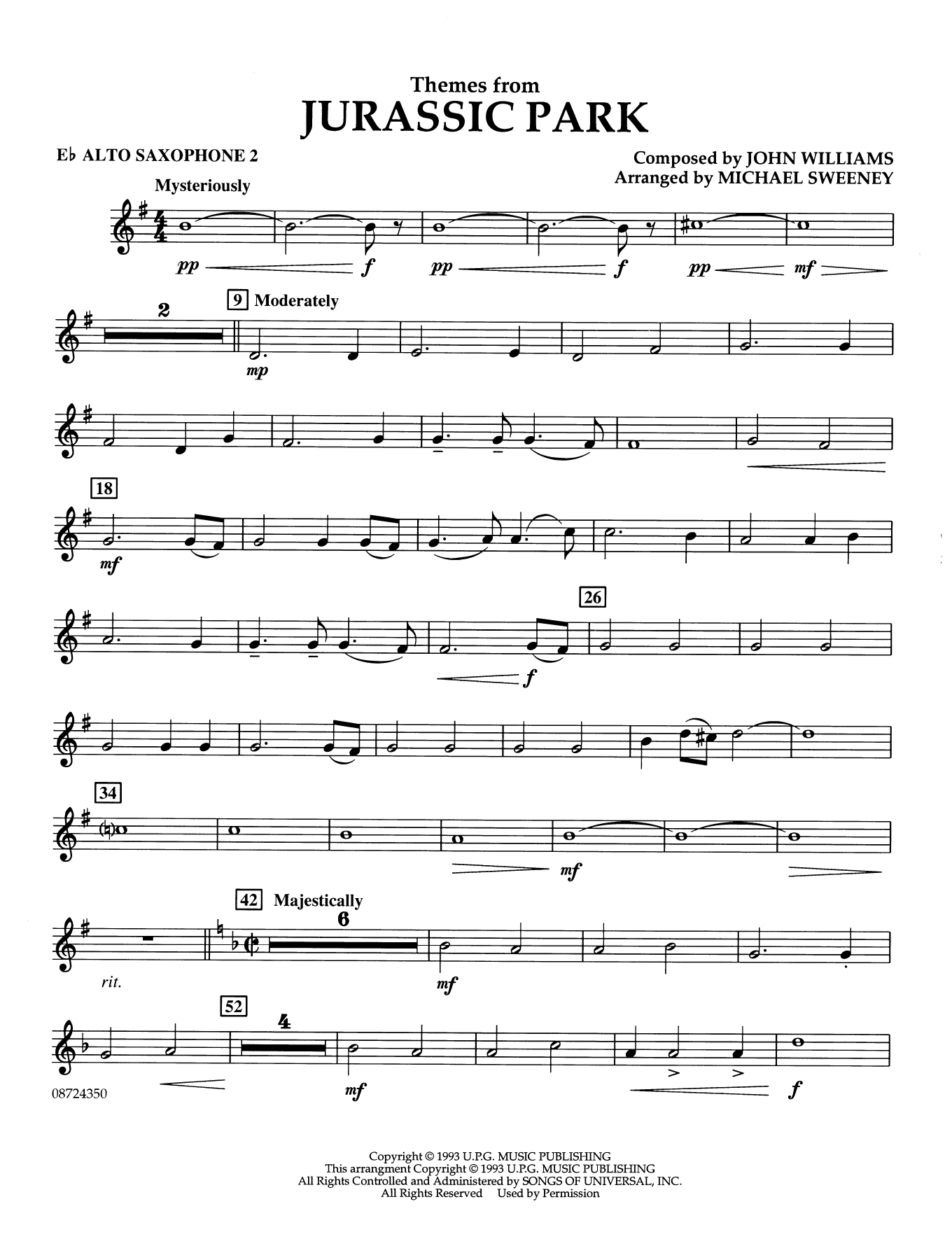 Themes from Jurassic Park (Medley) (arr. Michael Sweeney) - Eb Alto Saxophone 2