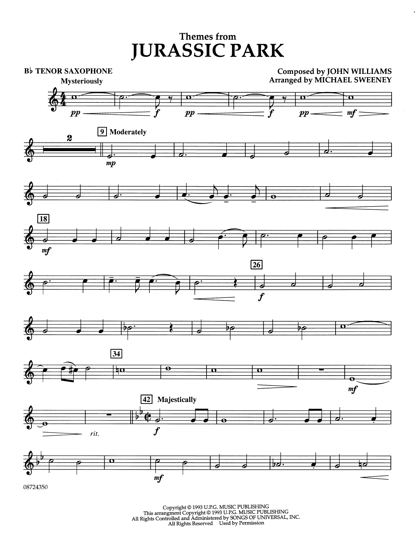 Themes from Jurassic Park (Medley) (arr. Michael Sweeney) - Bb Tenor Saxophone