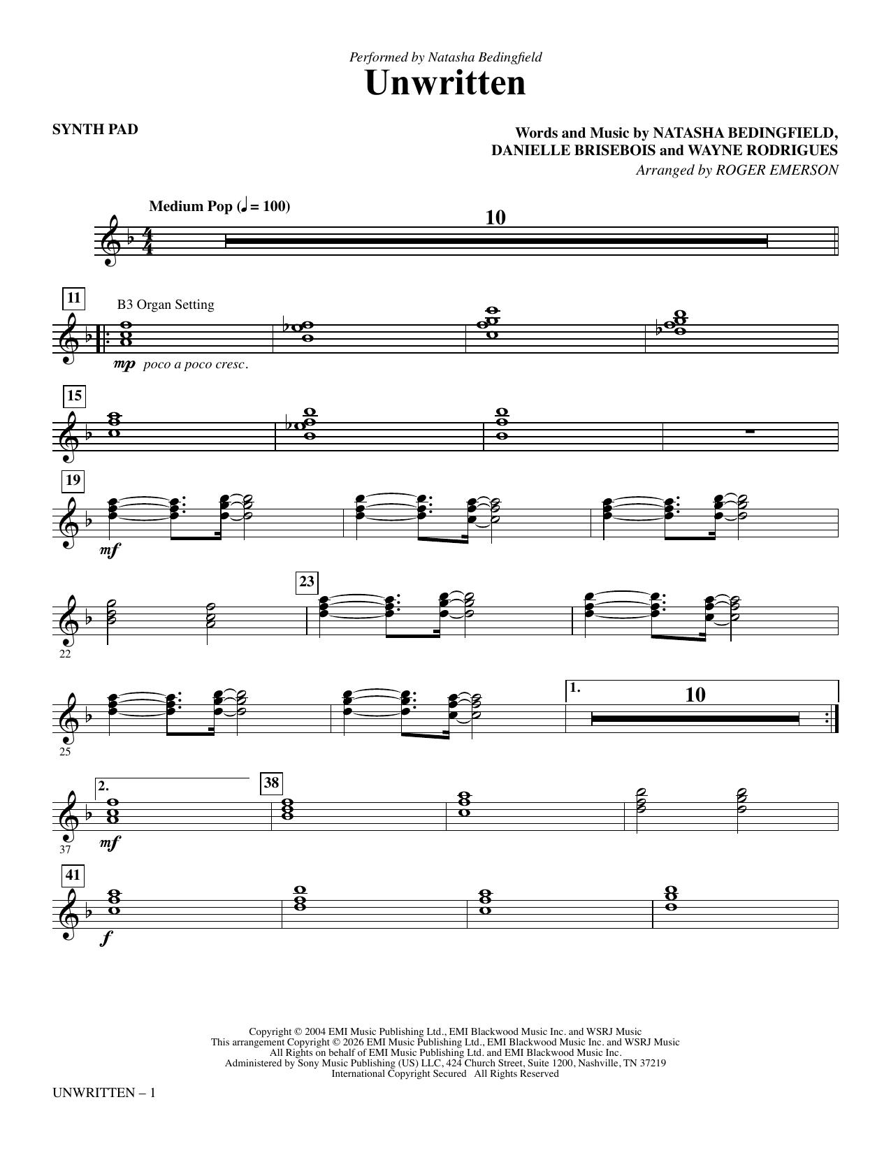 Unwritten (arr. Roger Emerson) - Synthesizer