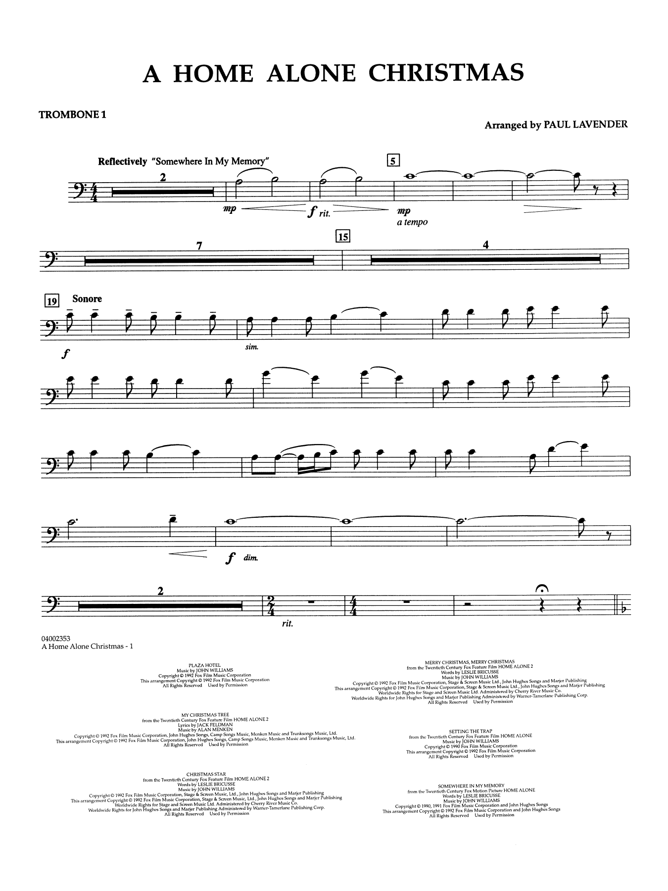 A Home Alone Christmas (arr. Paul Lavender) - Trombone 1