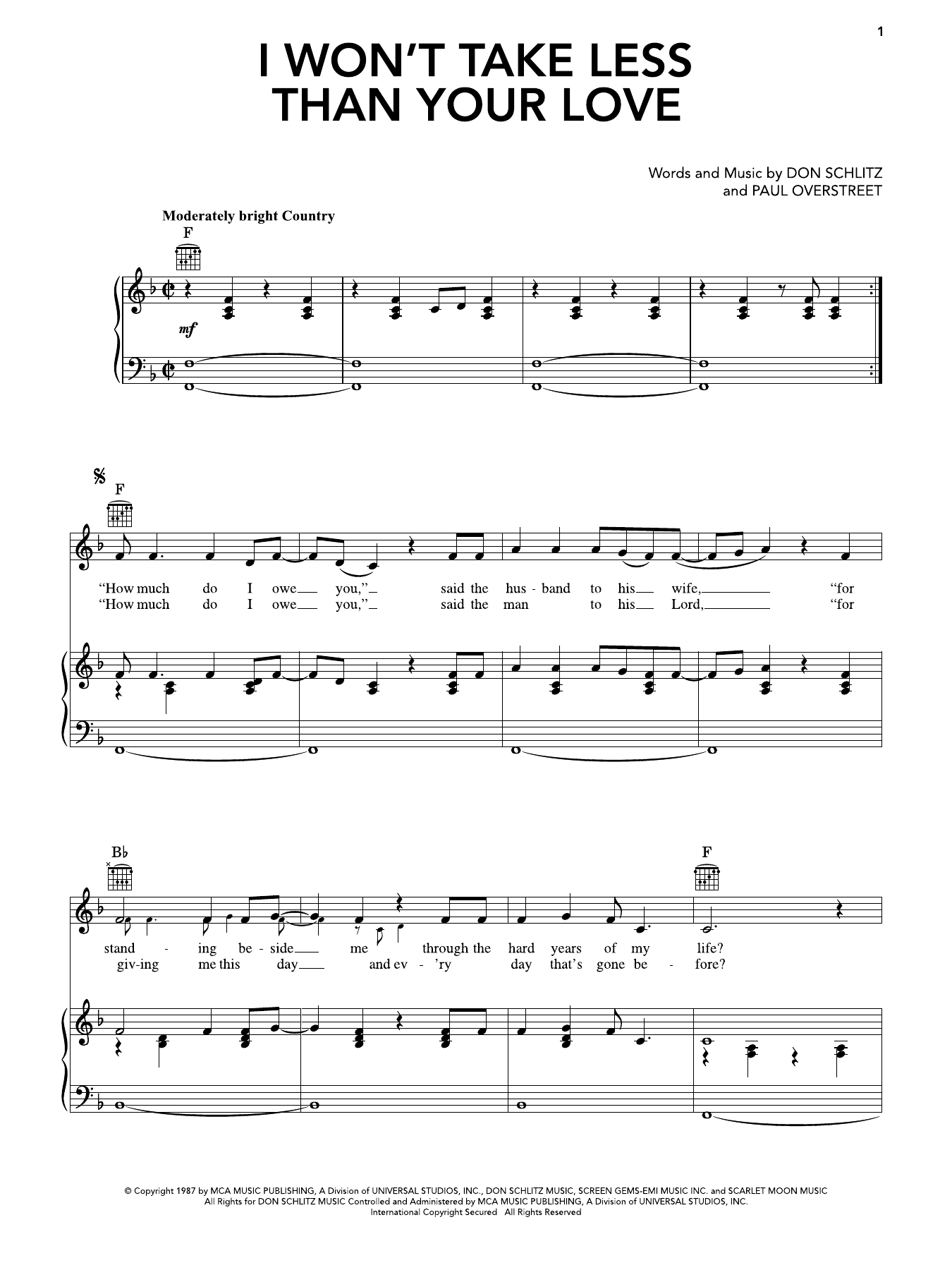 I Won't Take Less Than Your Love: Piano/Vocal/Guitar Sheet