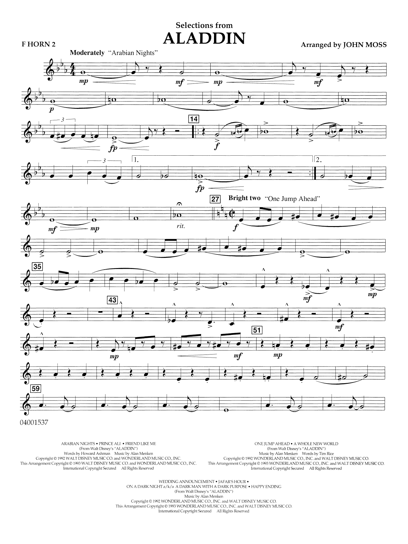 Selections from Aladdin (arr. John Moss) - F Horn 2