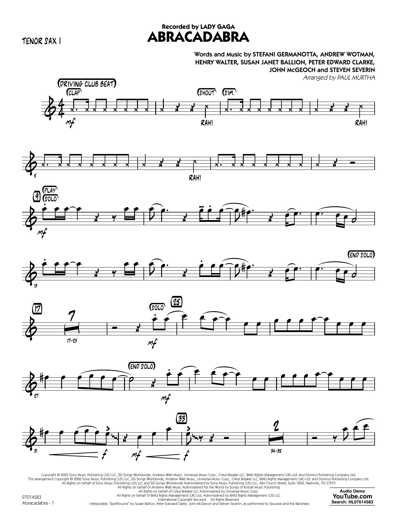Abracadabra (arr. Paul Murtha) - Tenor Sax 1