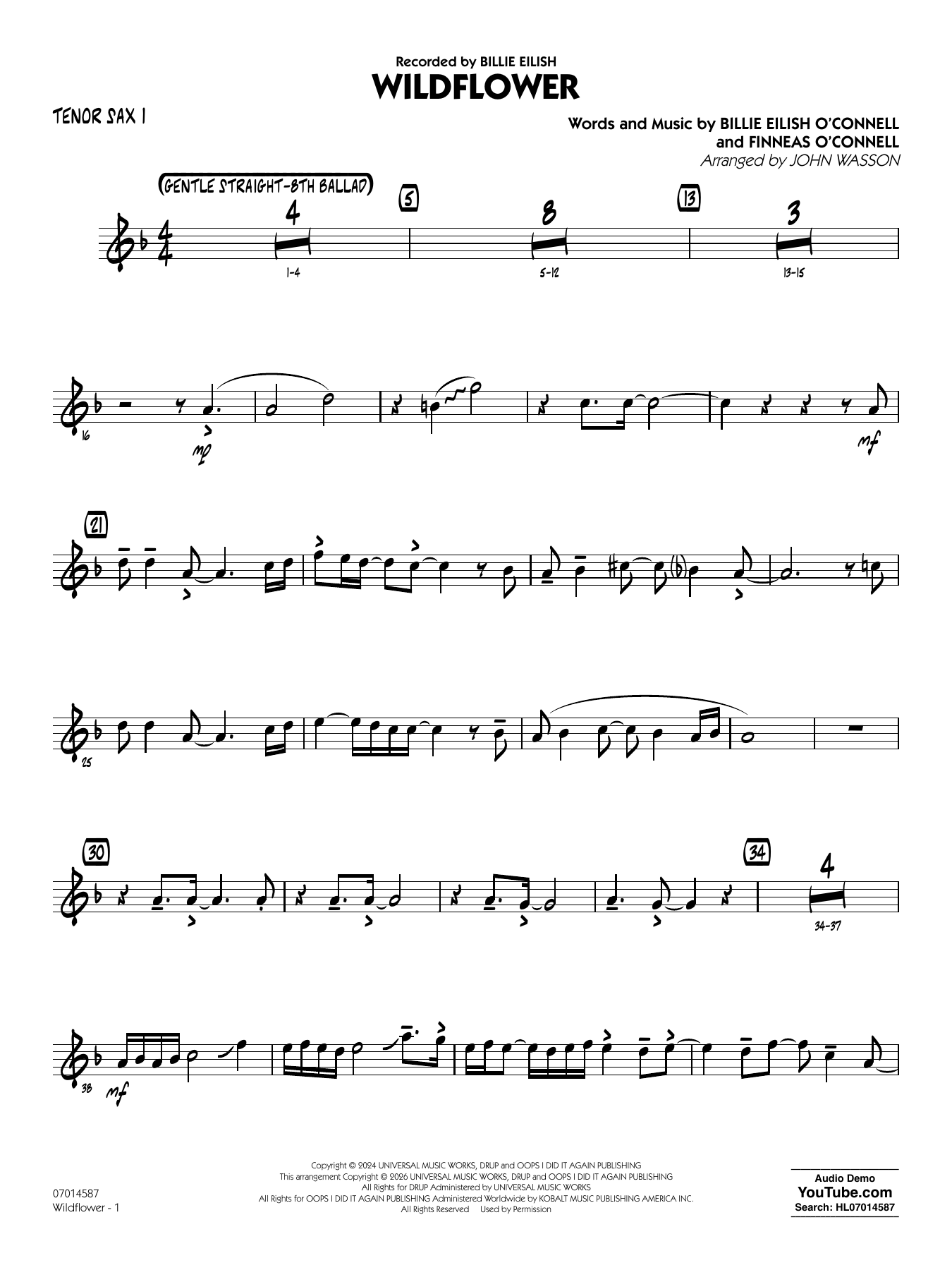 Wildflower (arr. John Wasson) - Tenor Sax 1