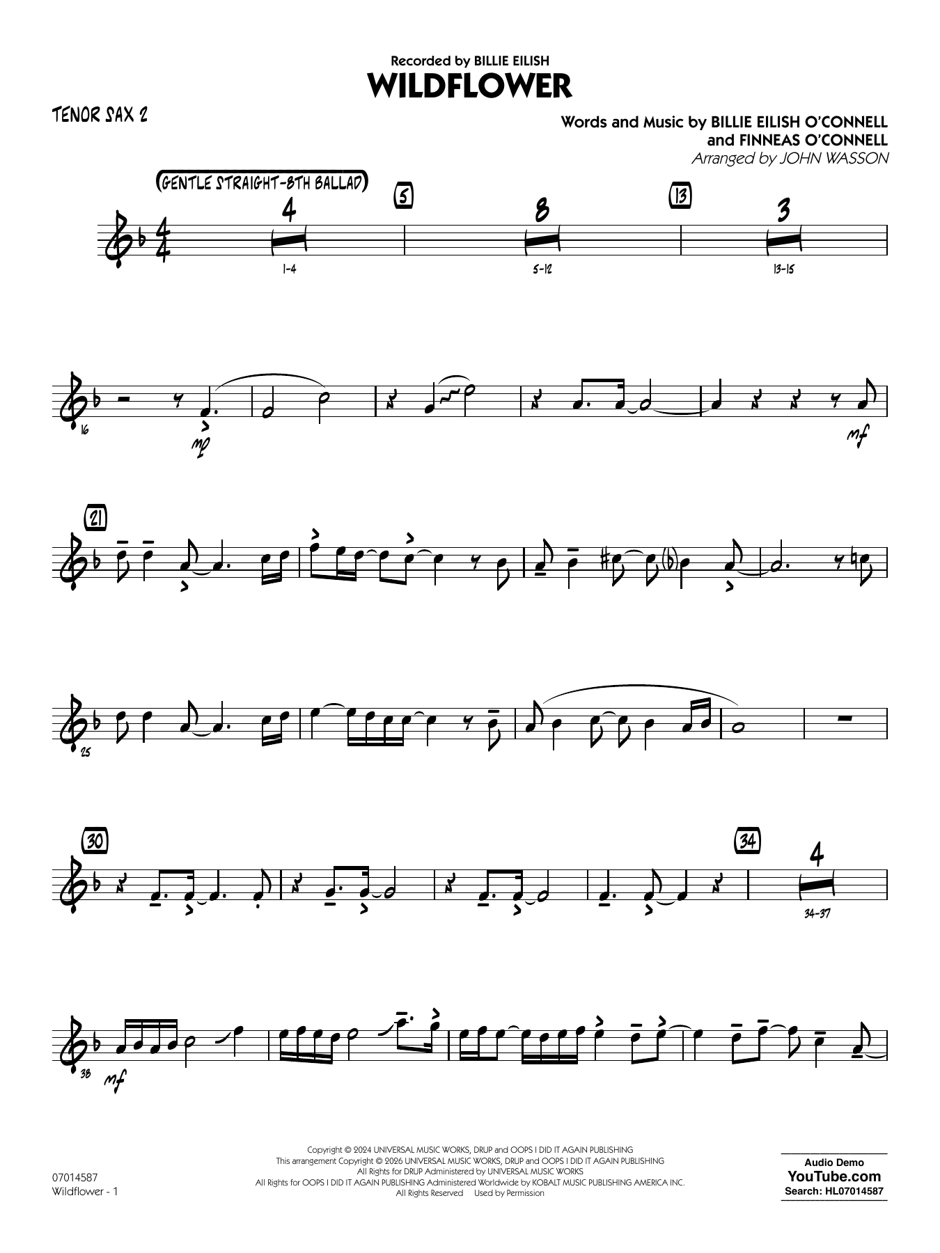 Wildflower (arr. John Wasson) - Tenor Sax 2