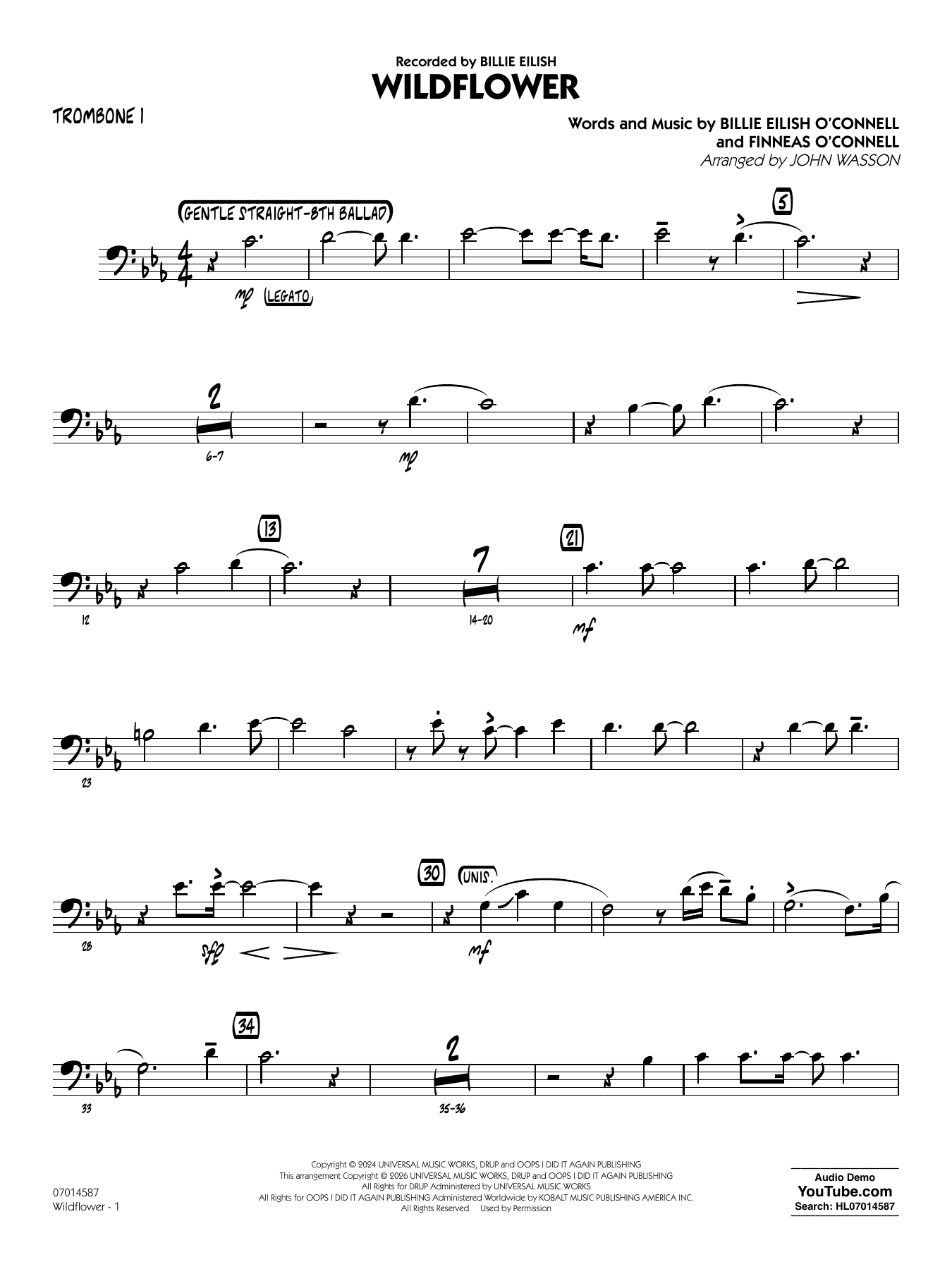 Wildflower (arr. John Wasson) - Trombone 1