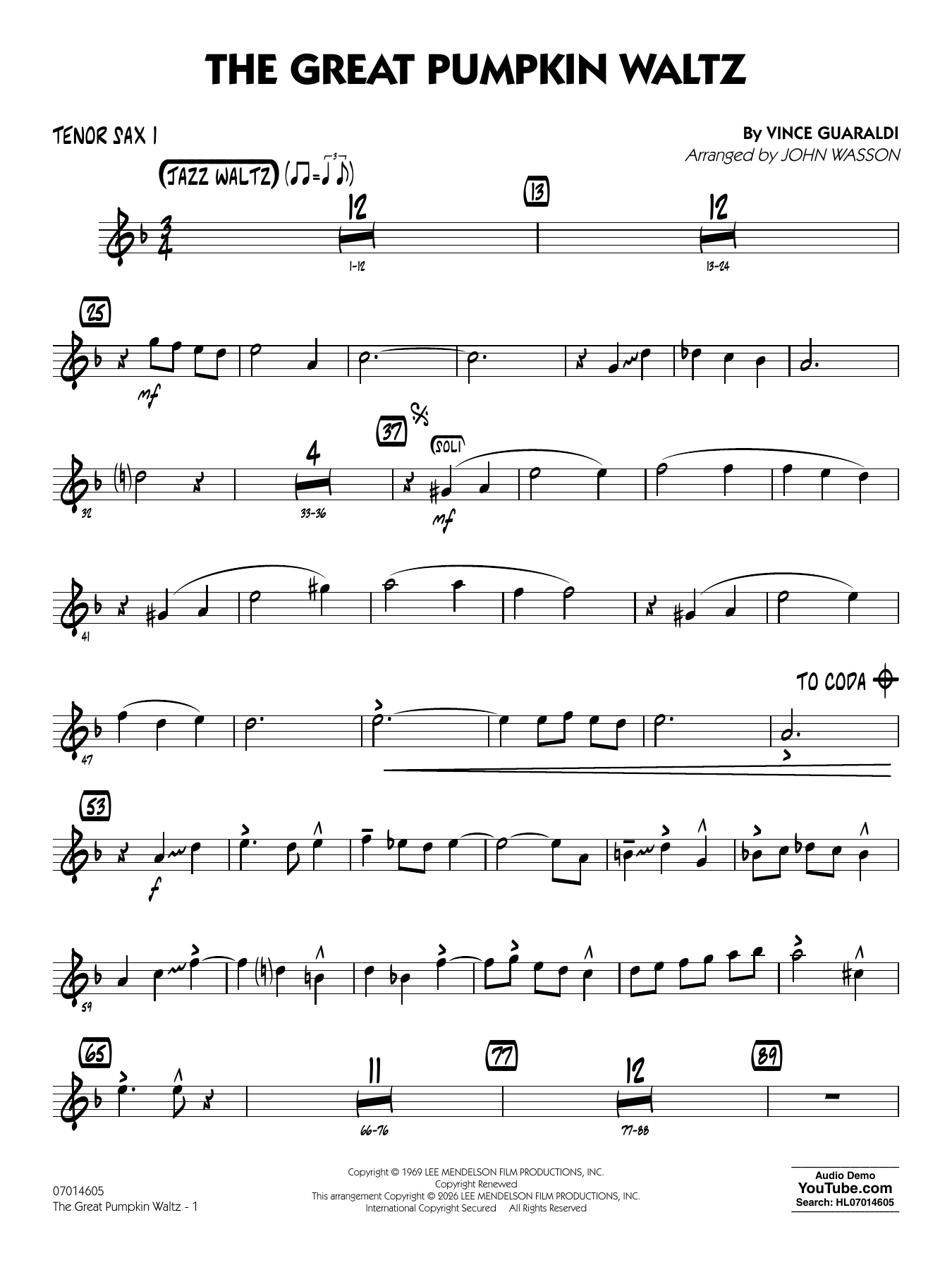 The Great Pumpkin Waltz (arr. John Wasson) - Tenor Sax 1