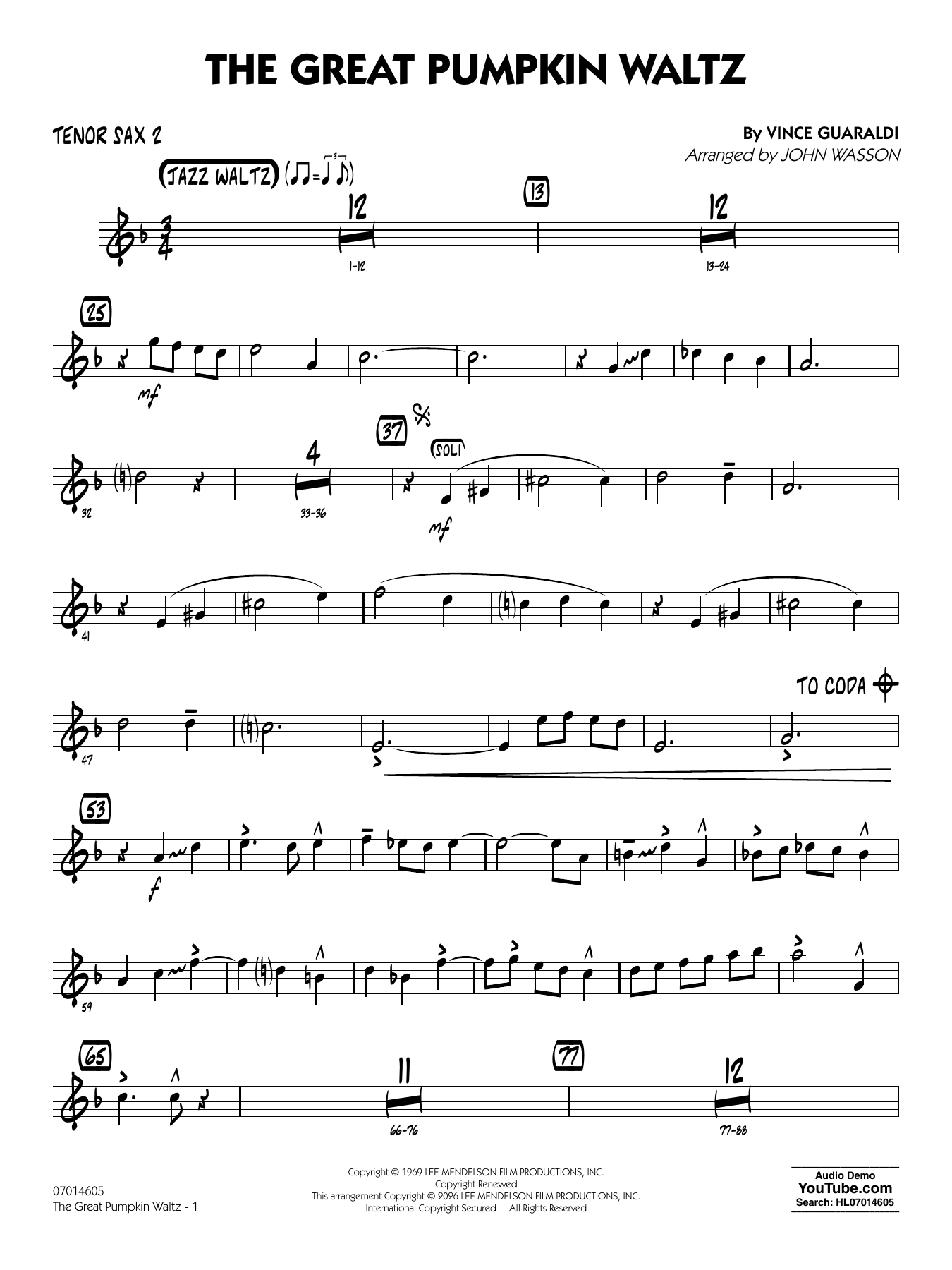 The Great Pumpkin Waltz (arr. John Wasson) - Tenor Sax 2