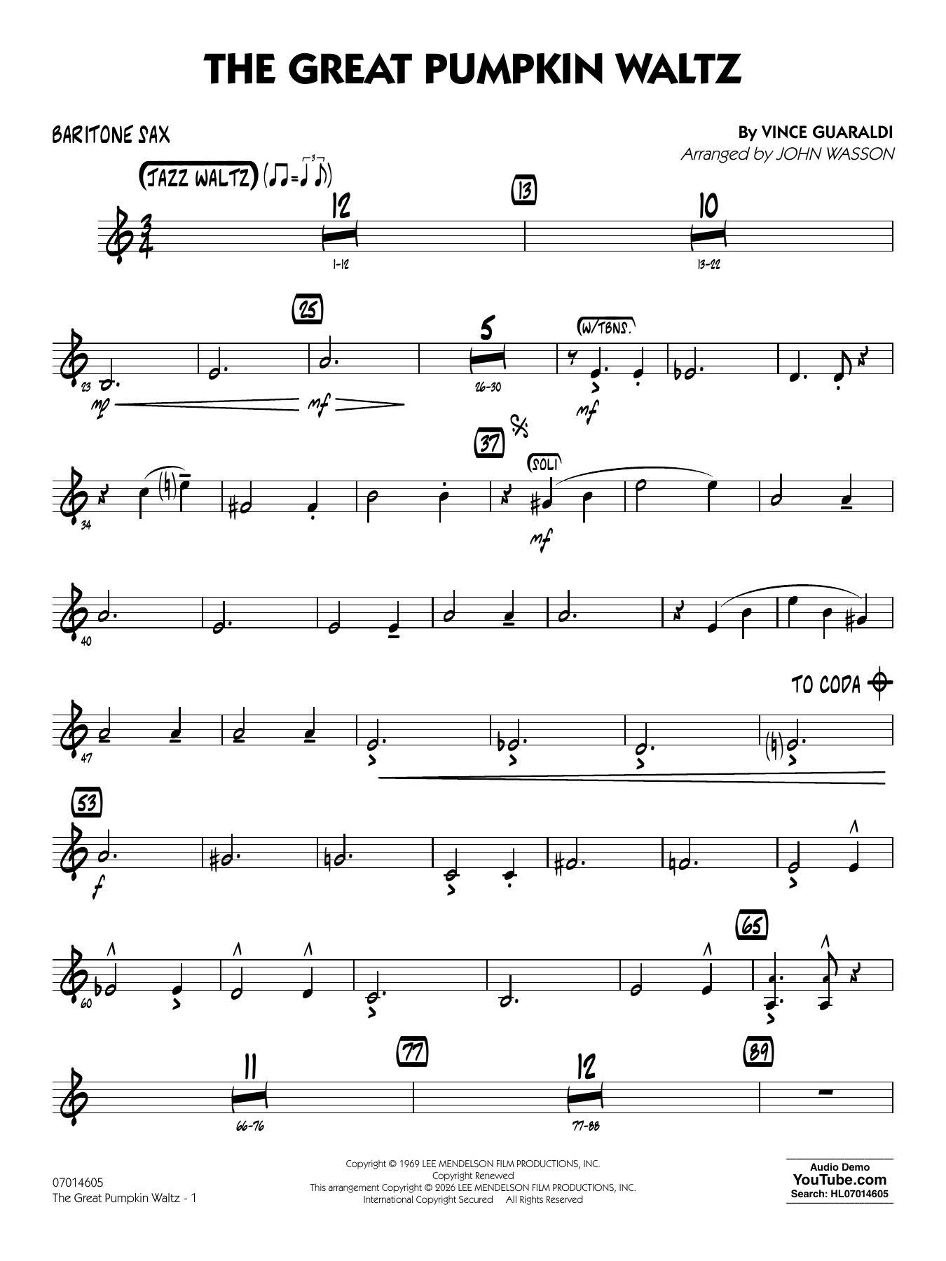 The Great Pumpkin Waltz (arr. John Wasson) - Baritone Sax