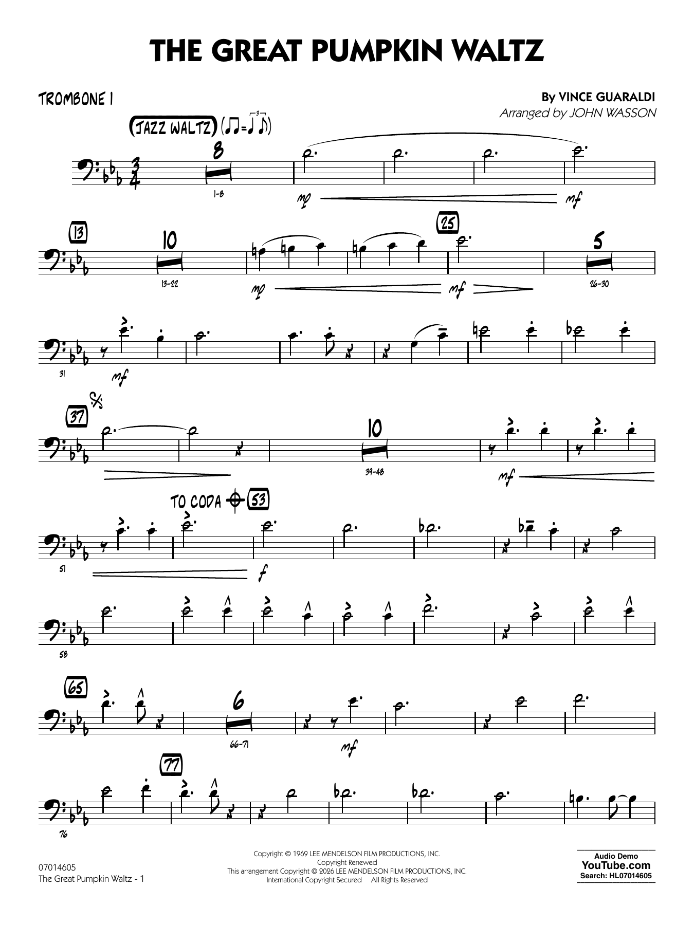 The Great Pumpkin Waltz (arr. John Wasson) - Trombone 1
