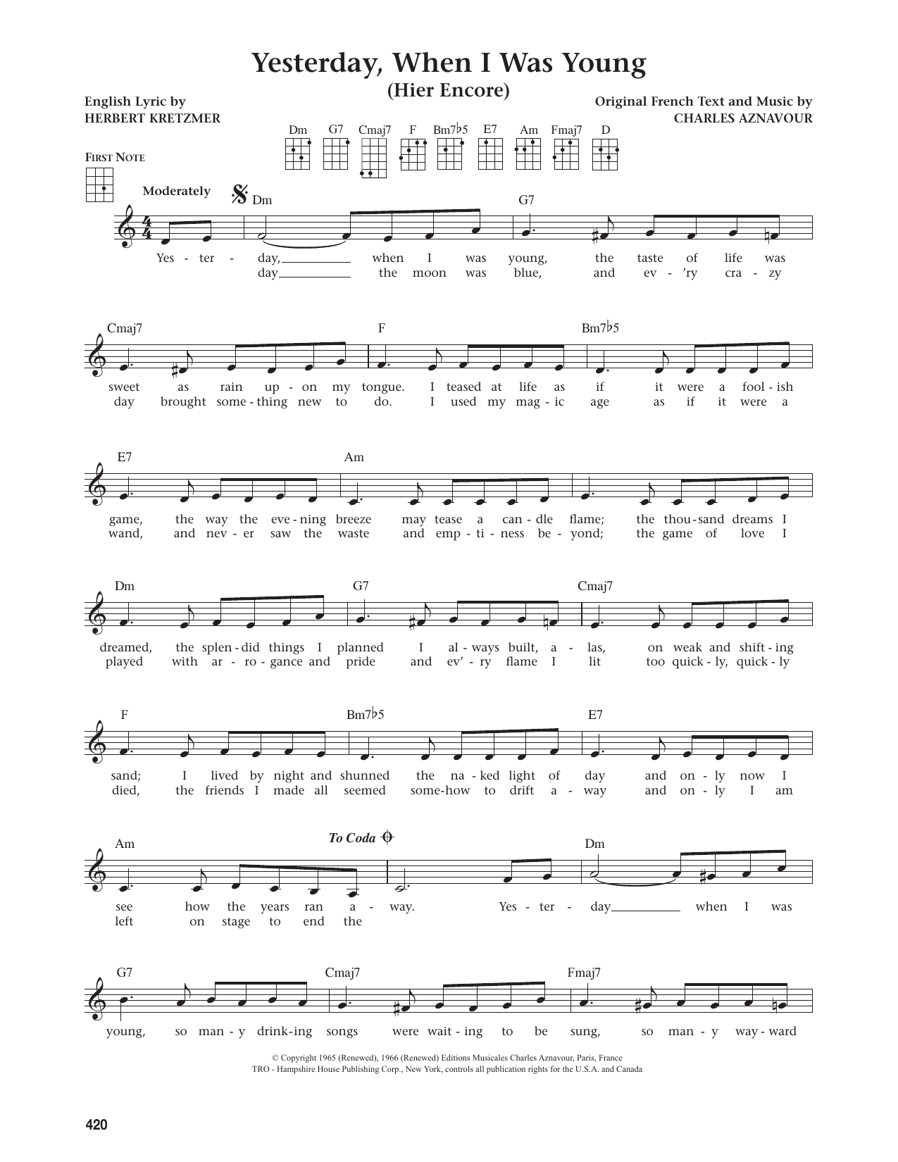Yesterday, When I Was Young (Hier Encore) (from The Daily Ukulele)