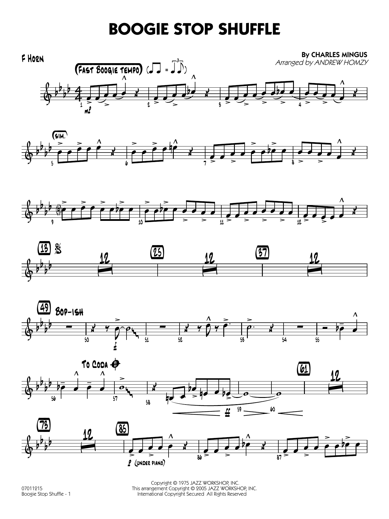 Boogie Stop Shuffle (arr. Andrew Homzy) - F Horn