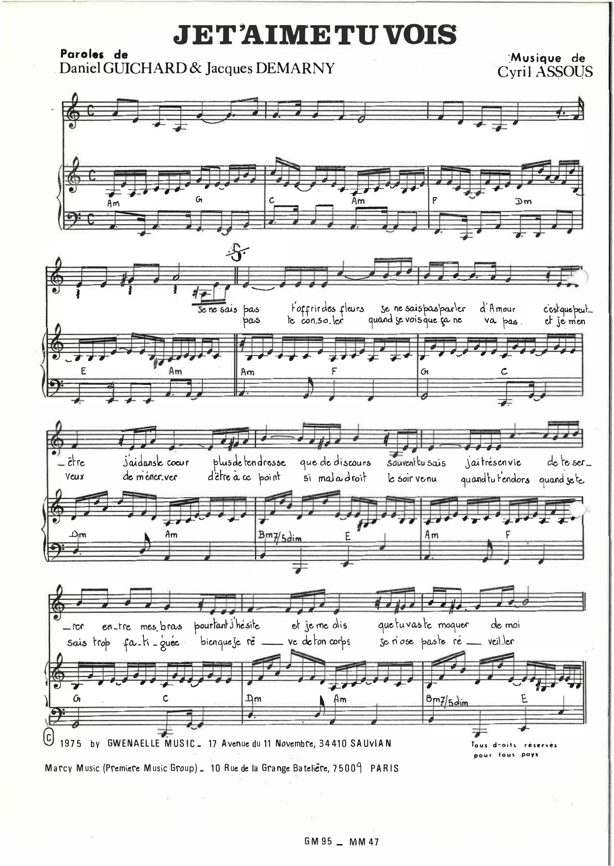 Je t'aime tu vois: Piano Vocal