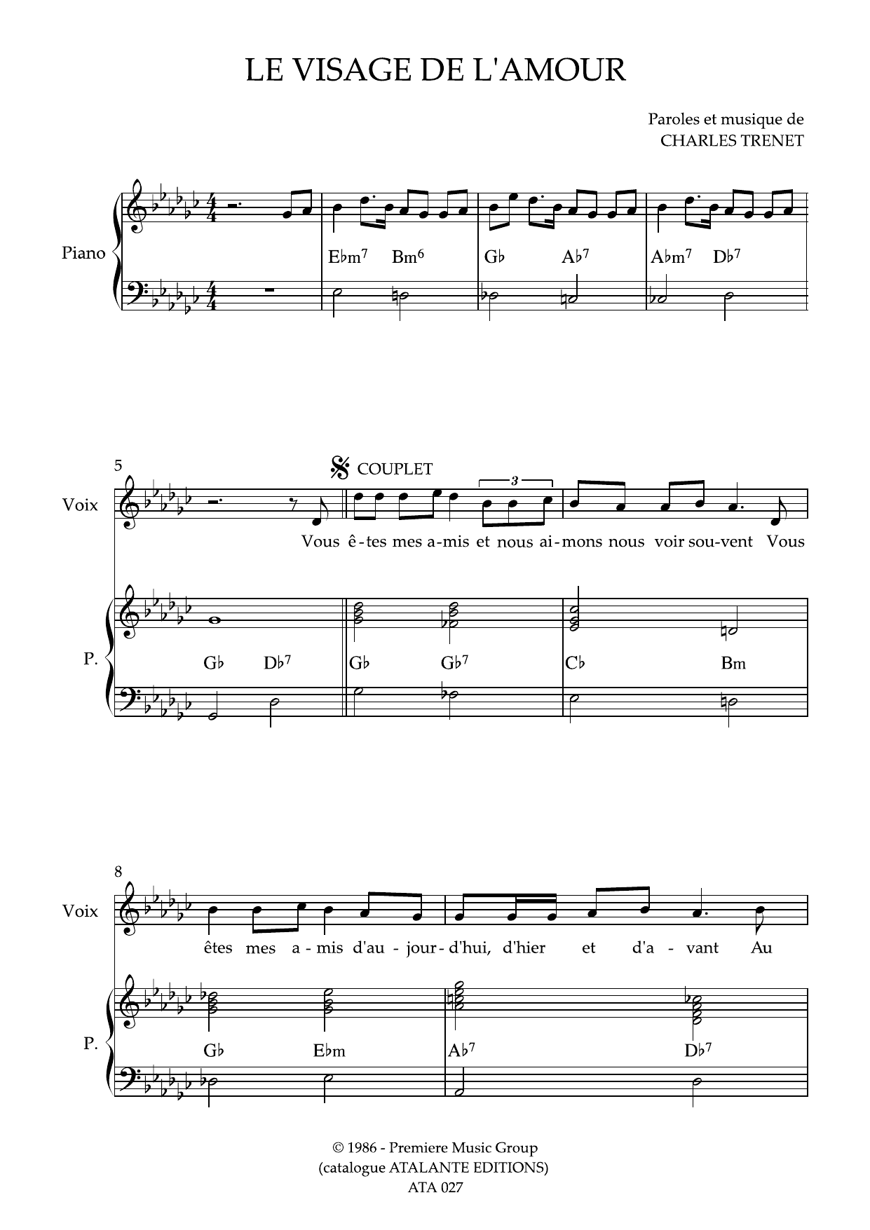 Le visage de l'amour: Piano Vocal