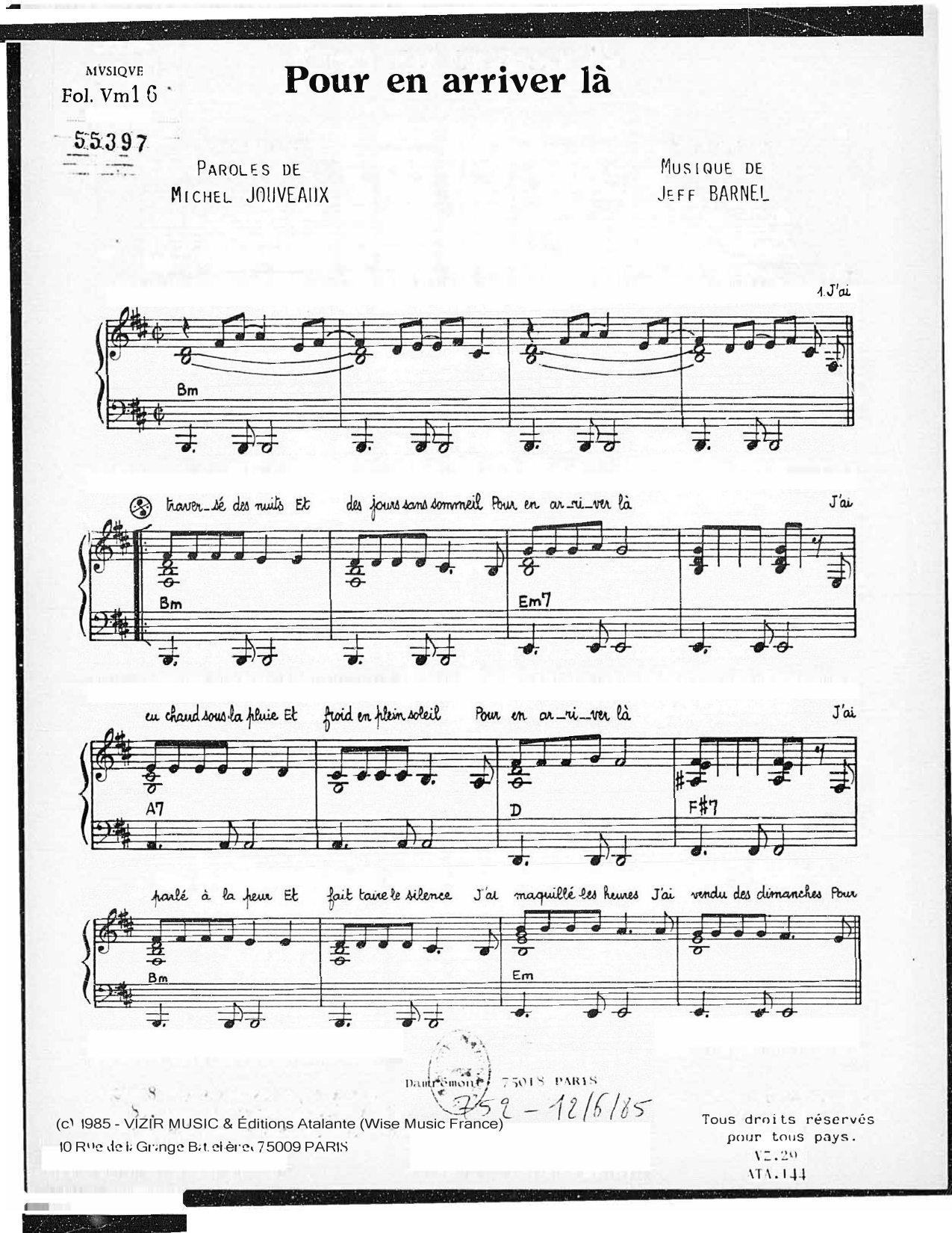 Pour en arriver là: Piano Vocal