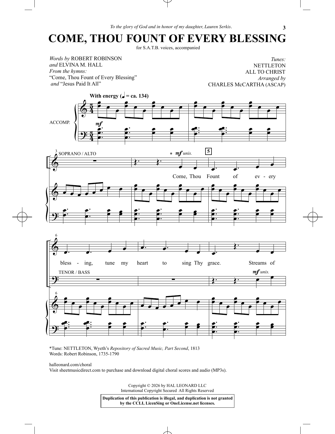Come, Thou Fount Of Every Blessing (arr. Charles McCartha) – John Grape, Robert Robinson, Elvina M. Hall – Notenvorschau